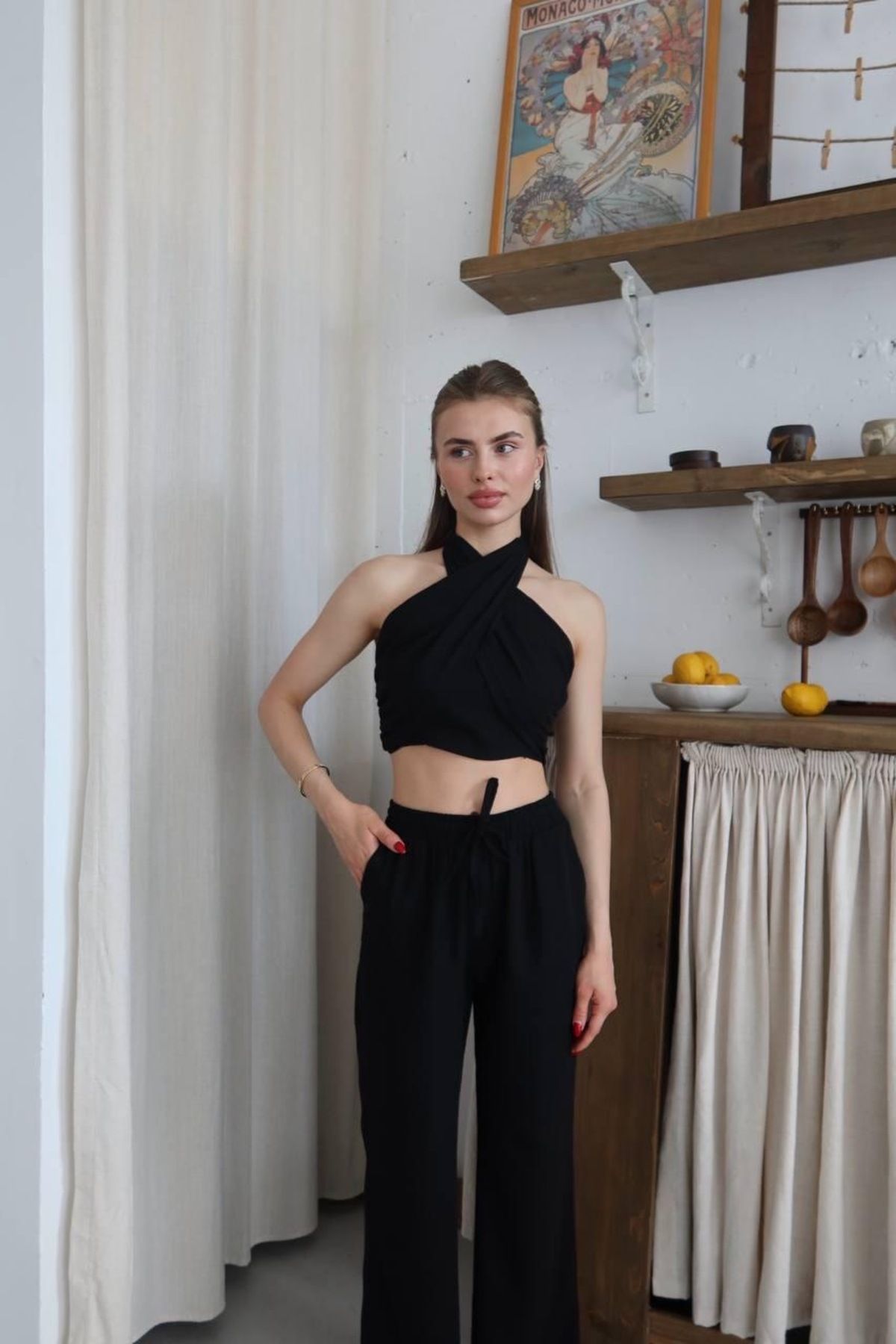 Ekim Store Boyundan Bağlamalı Keten Bluz Pantolon İkili Takım