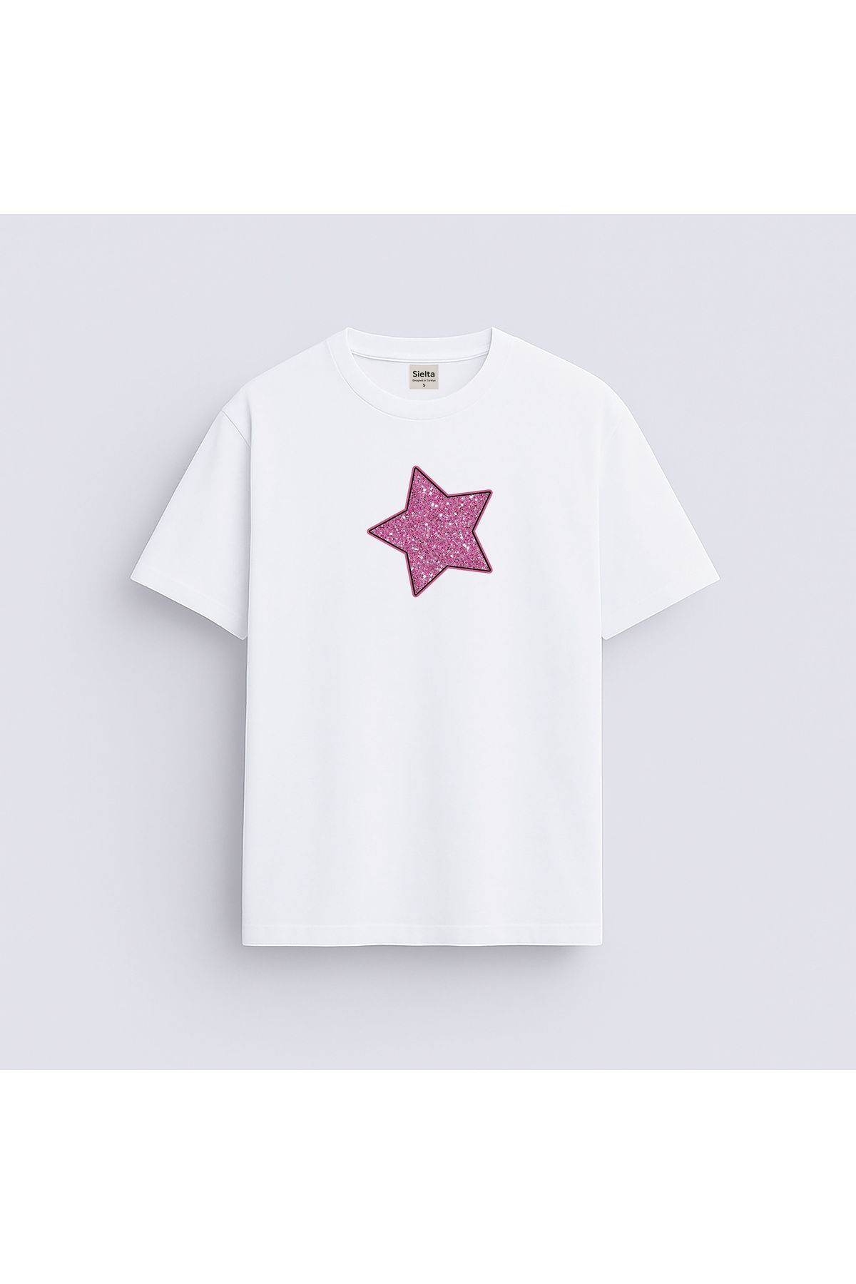 sielta Pembe Yıldız Baskılı Unisex Kadın Erkek Bisiklet Yaka T-shirt Tişört