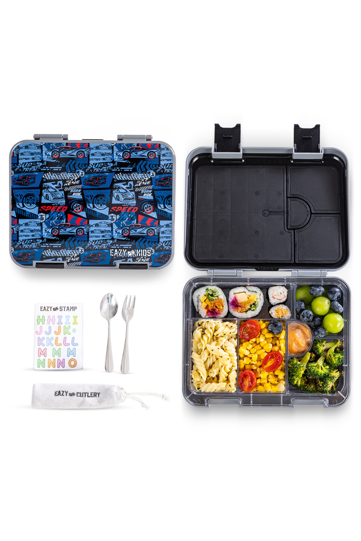 Eazy Kids 6 and 4 Convertible Bento Lunch Box w/ Steel Spoon and Fork Set and Alphabets Sticker - Car Racing
