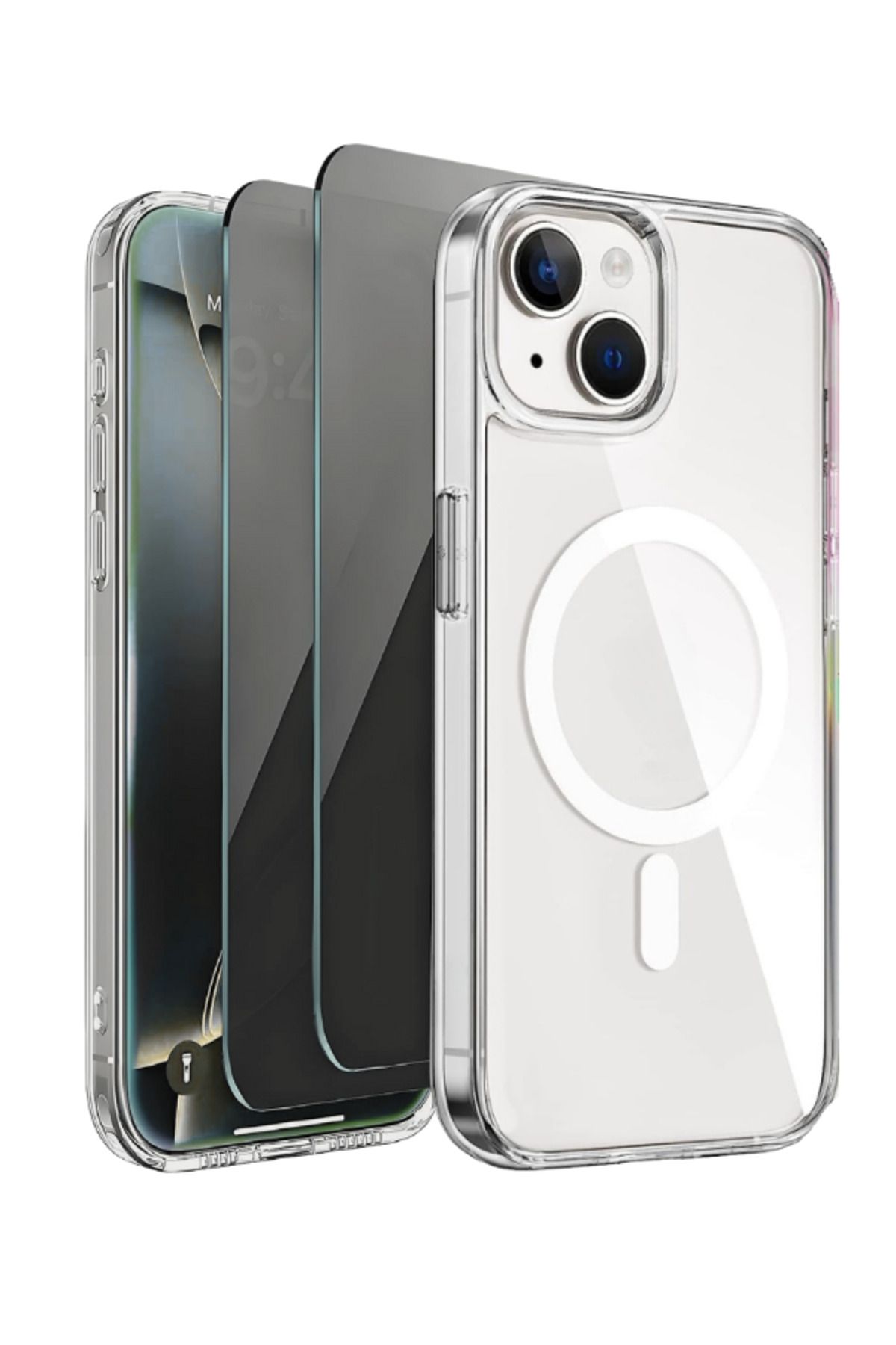 EVAX 2H1M iPhone 15 Plus Uyumlu 2 Hayalet Cam Ekran Koruyucu & 1 Magsafe Kılıf