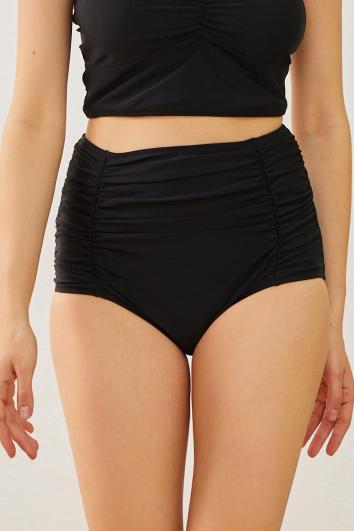 Starinci Mayo Bikini Altı Yüksek Bel Toparlayıcı Siyah Büzgülü