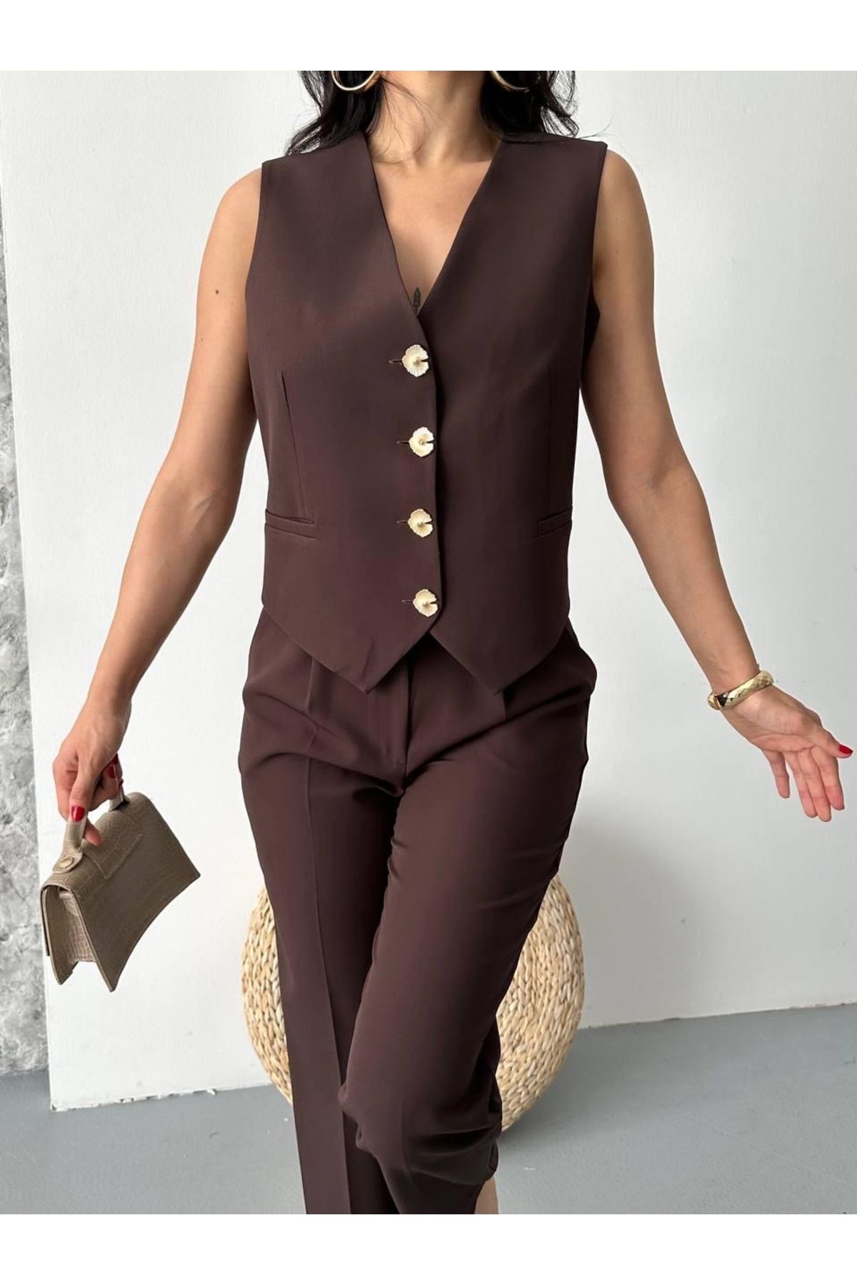 Ekim Store Gold Düğmeli Yelekli Pantolonlu İkili Blazer Takım