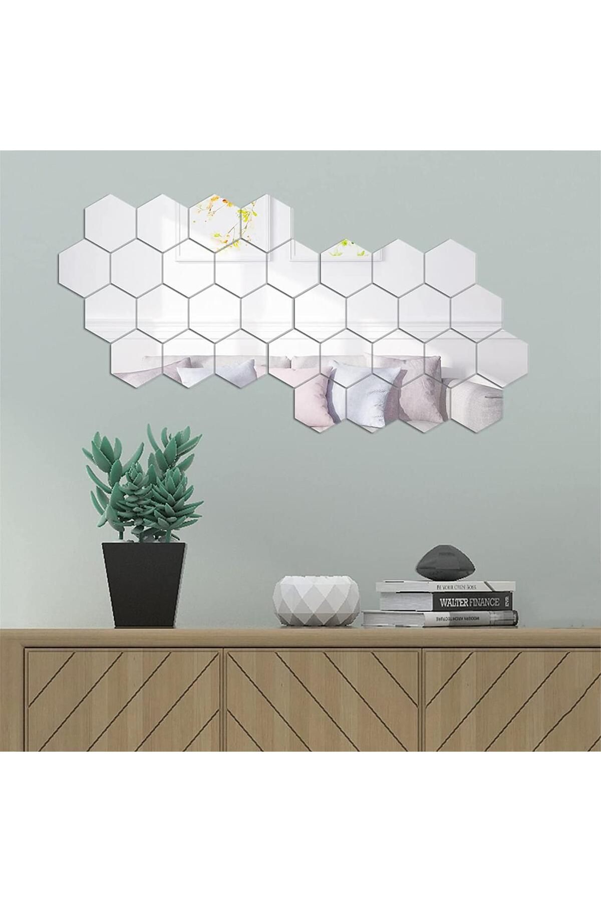 OEM-Set de 32 de oglinzi acrilice autoadezive, model hexagonal, 18,5x16x9,3 cm, argintii 8