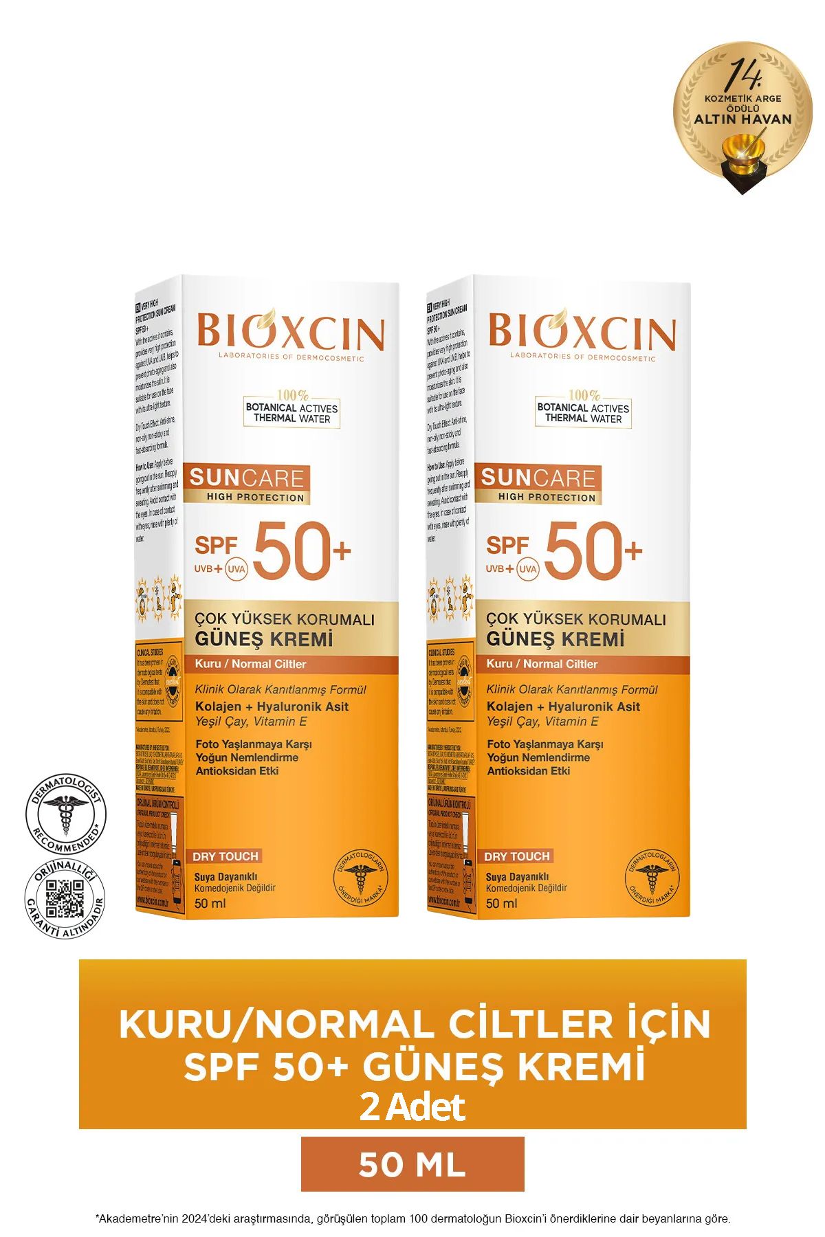 Bioxcin Sun Care Spf50 Çok Yüksek Korumalı Güneş Kremi 50 ml Kuru/Normal Cilt-Kolajen Hyaluronik Asit 2 adet