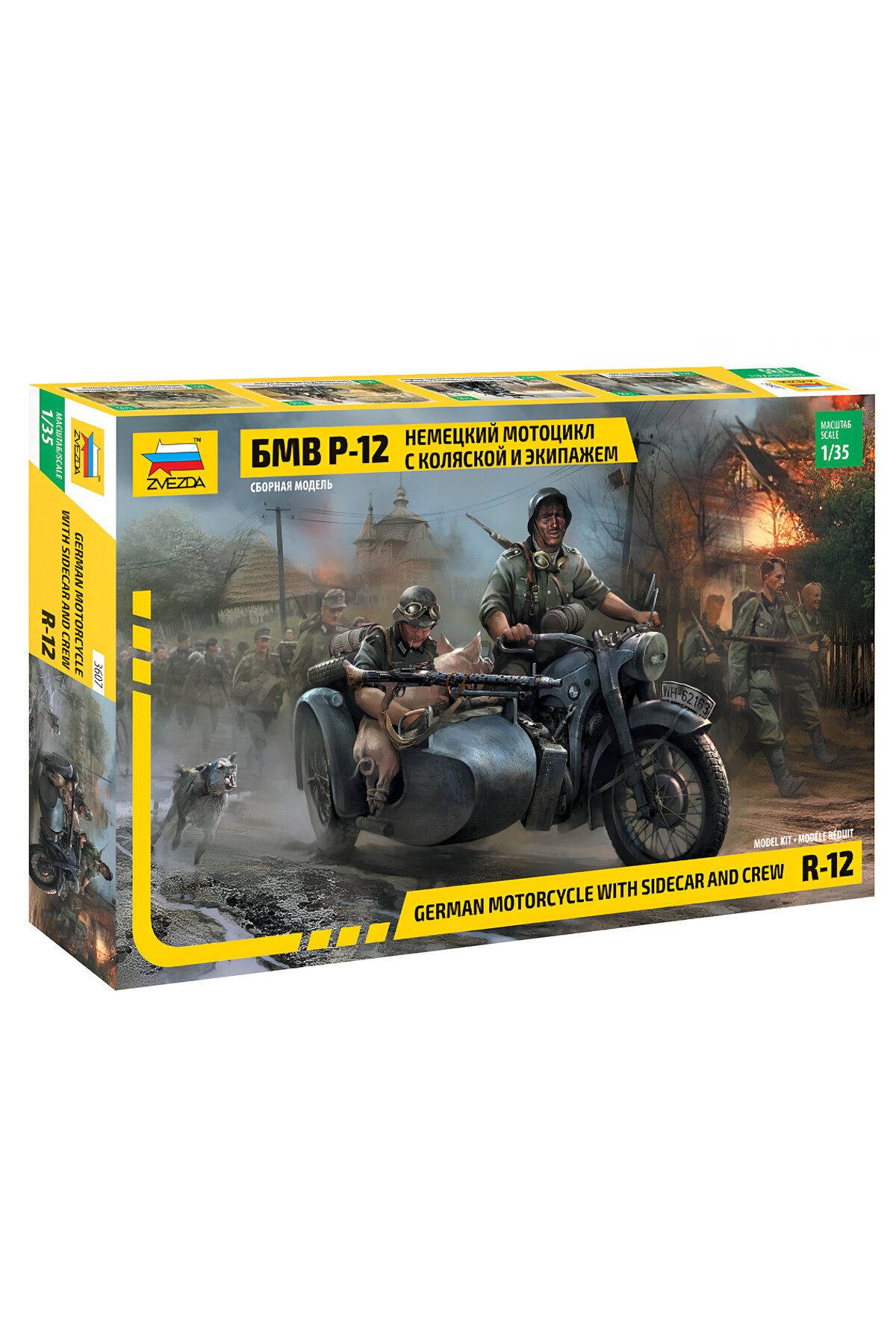 Zvezda 1/35 German WWII Sidecar R12 with Crew Plastik Askeri Araç Maket Kiti, Demonte Hobi Seti