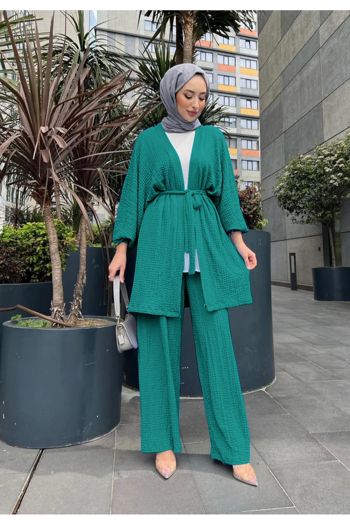 NİSUM MODA Gofre Dokulu Kuşaklı Hırka ve Pantolon İkili Takım