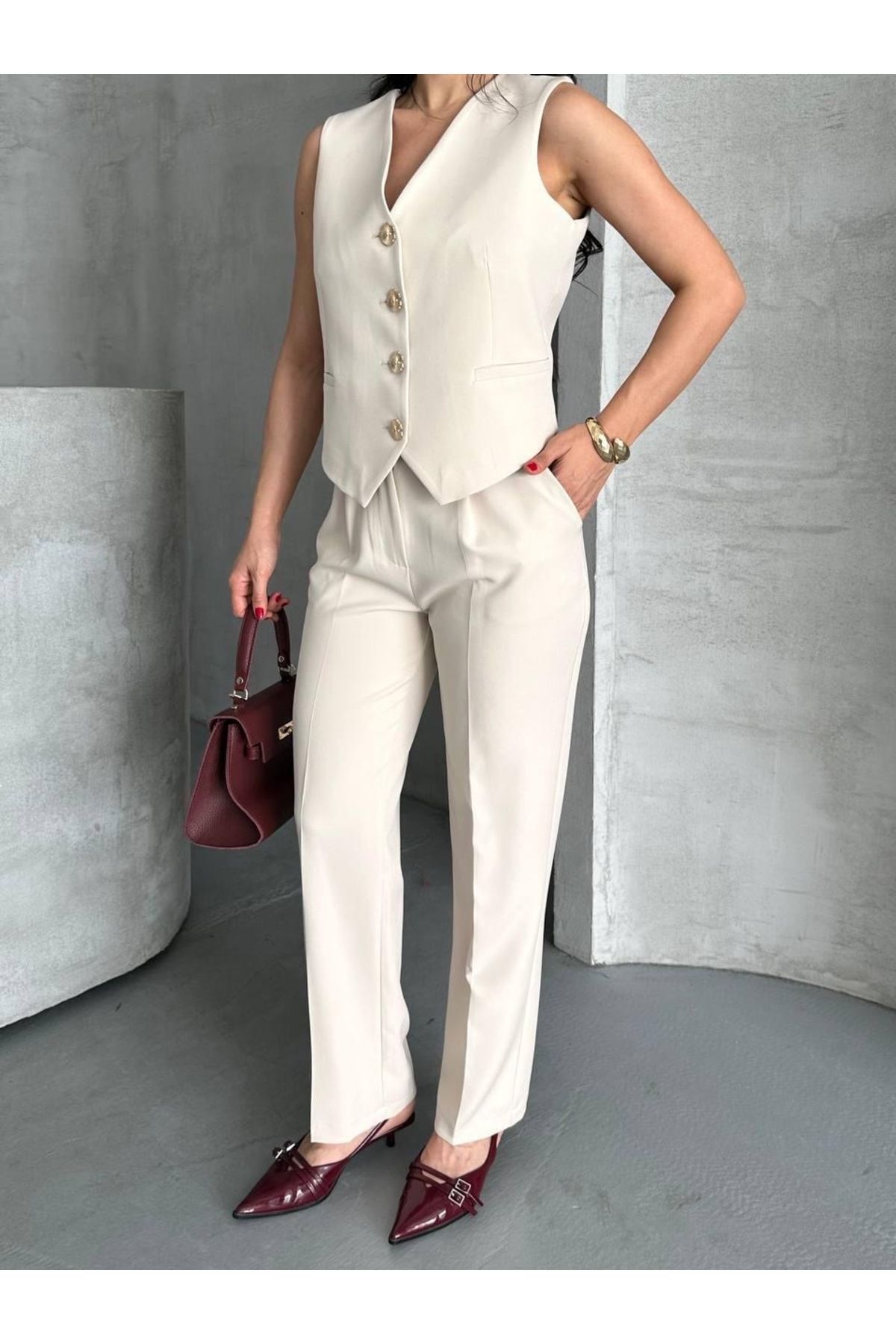 Ekim Store Gold Düğmeli Yelekli Pantolonlu İkili Blazer Takım