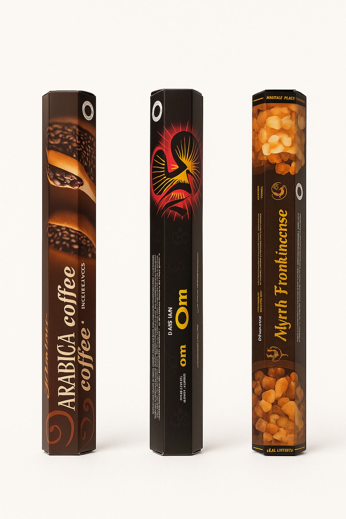 Hyge Asara 3’lü Çubuk Tütsü Seti – Om, Mür, Kahve Aromalı – 3x20’li Paket – Doğal ve Etkili Koku