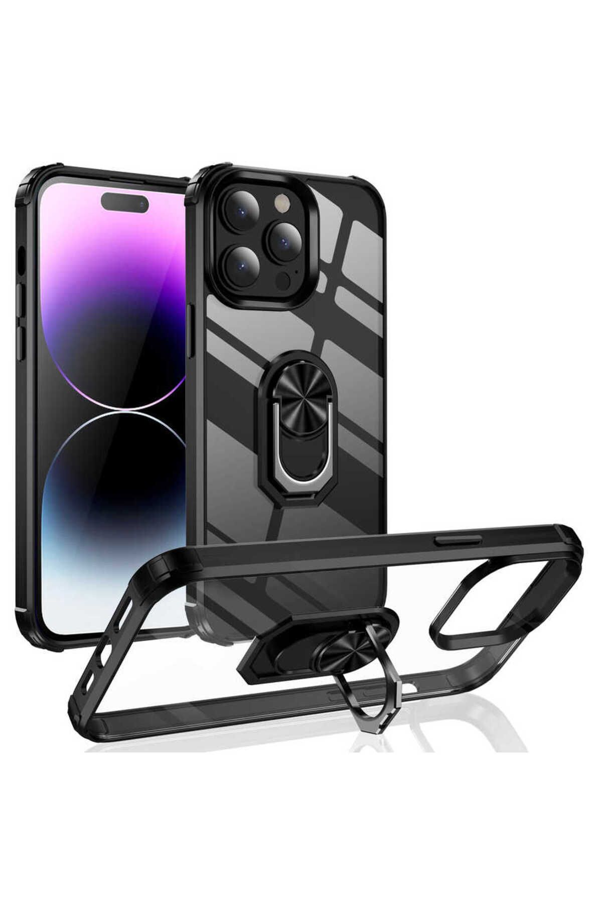 halkhouse İphone 14 Pro Kılıf Sert Silikon Dayanıklı Şeffaf Renkli Yüzüklü Mola Kapak