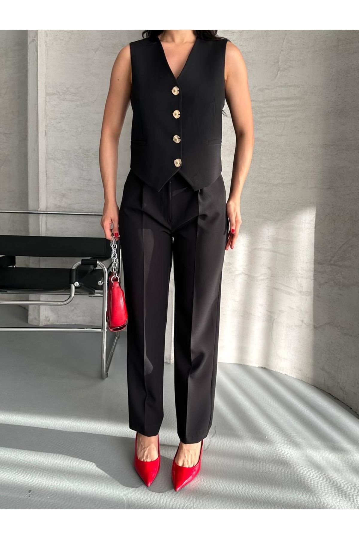 Ekim Store Gold Düğmeli Yelekli Pantolonlu İkili Blazer Takım