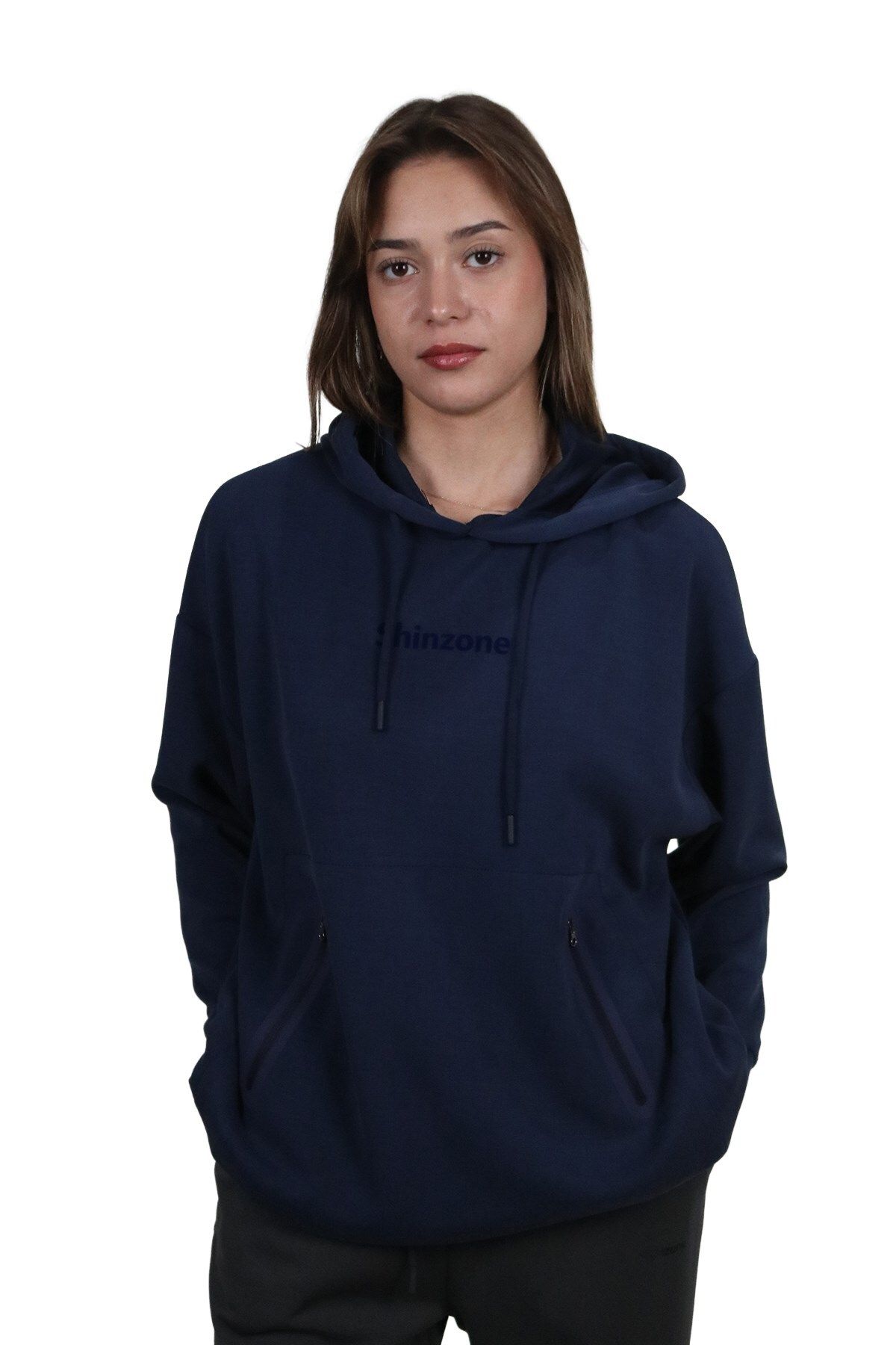 Shinzone Kadın Yumuşak Dokulu Modal Kumaş Fermuar Cep Detaylı Rahat Kalıp Lacivert Kapüşonlu Sweatshirt