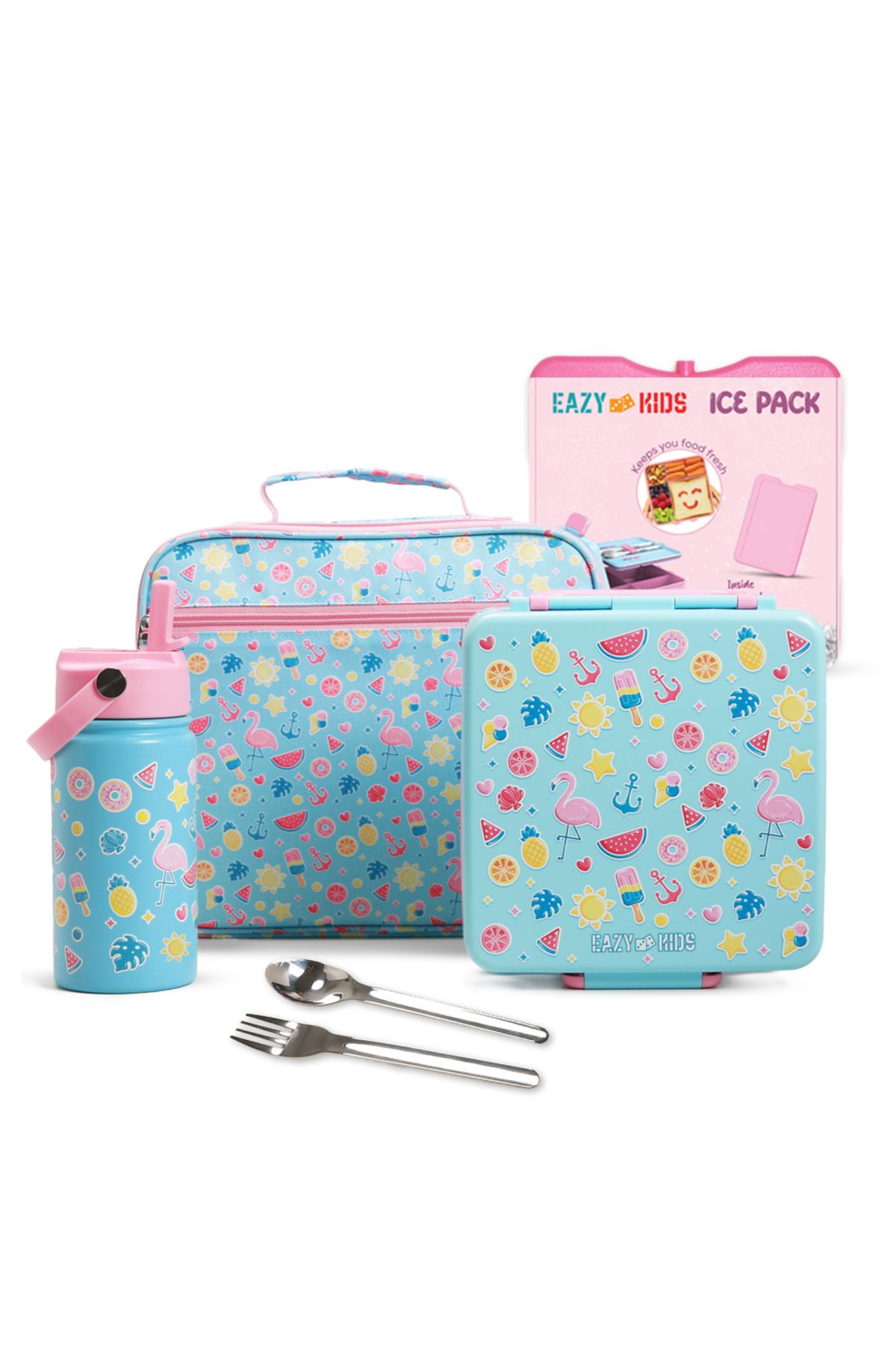 Eazy Kids Jumbo Bento Lunch Box w/ 360ml Steel Water Bottle, Spoon and Fork Set, and Insulated Lunch Bag
