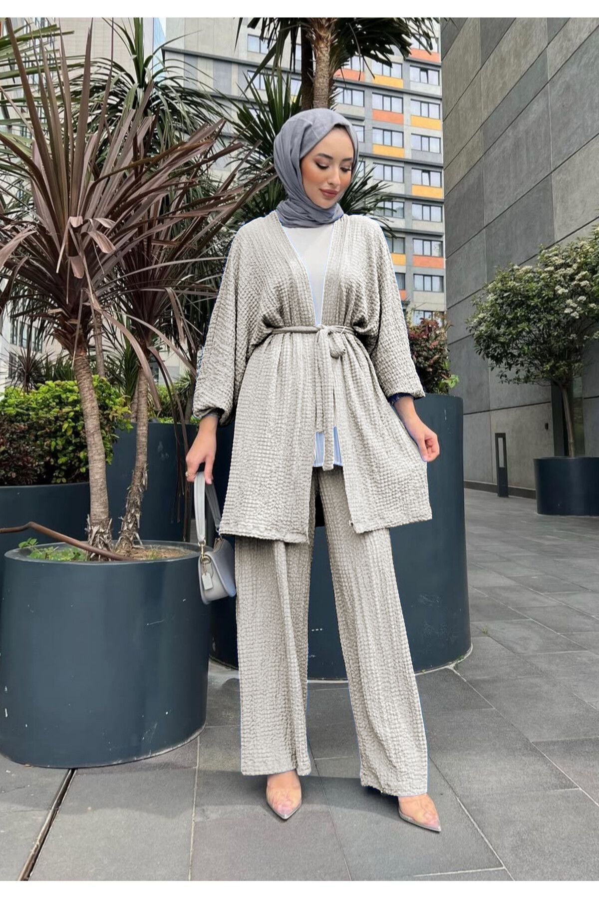 NİSUM MODA Gofre Dokulu Kuşaklı Hırka ve Pantolon İkili Takım