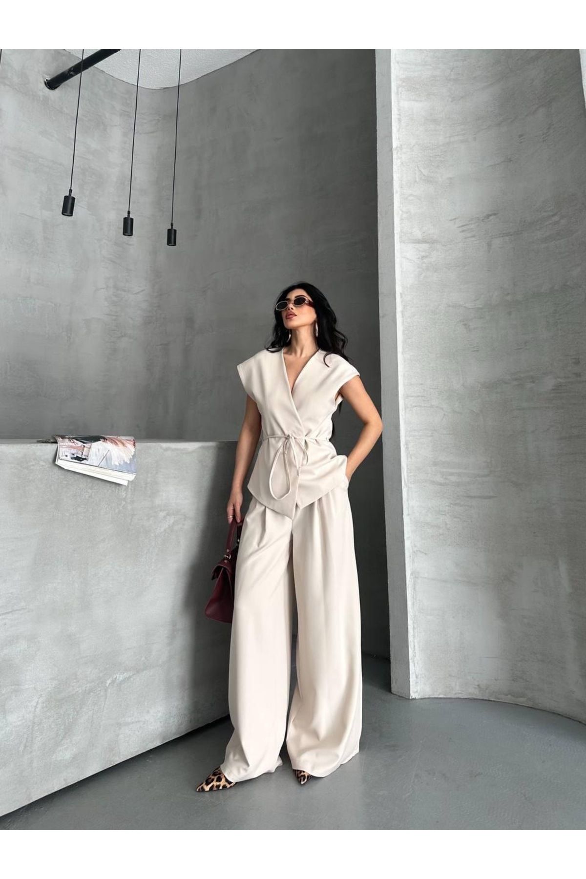 Ekim Store Asimetrik Yaka İp Bağlamalı İkili Blazer Takım