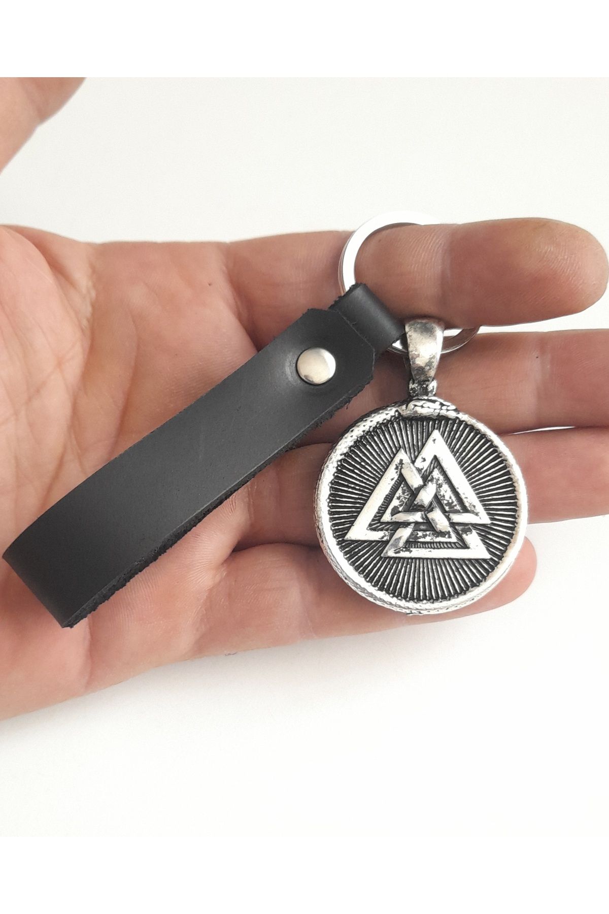 AB Takı Valknut Premium Sembol Moda Siyah Gerçek Deri Anahtarlık