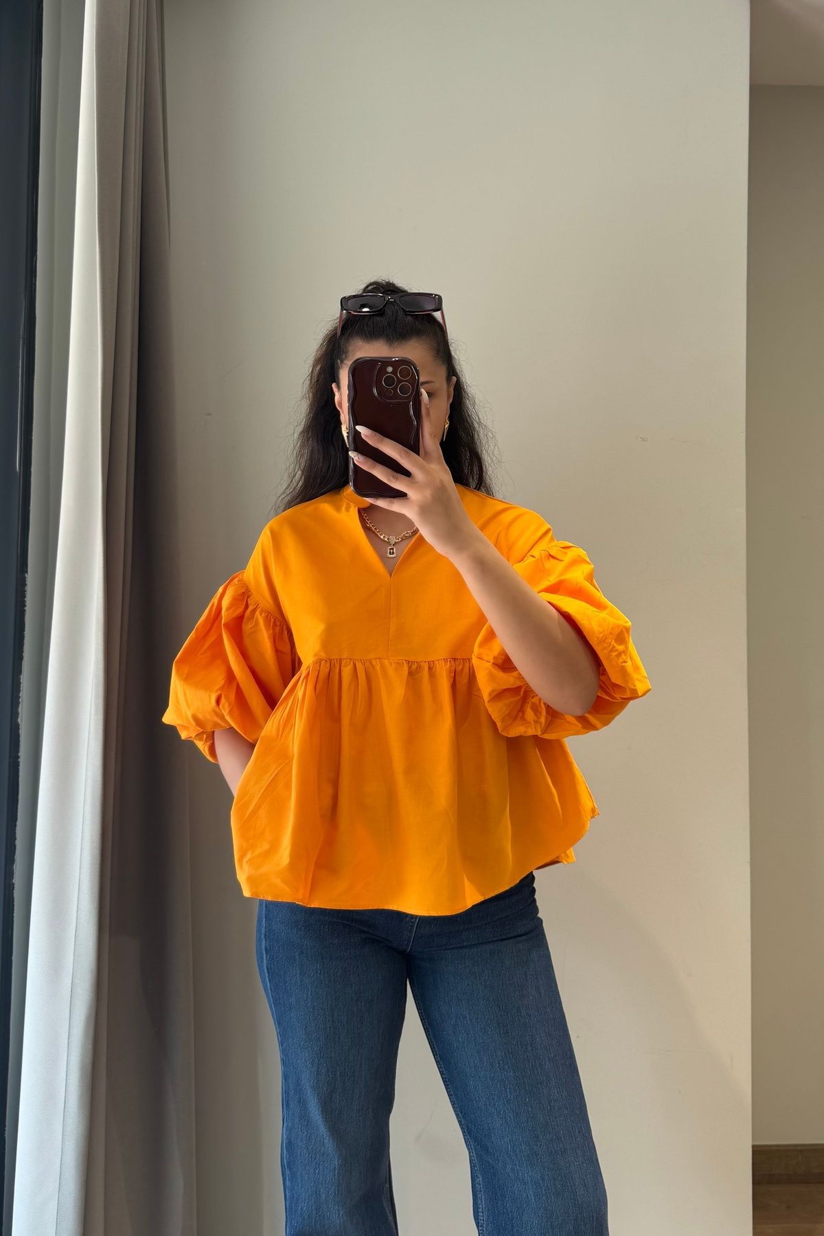 Güneş Kadın Balon Kol V Yaka Oversize Poplin Bluz - Gömlek