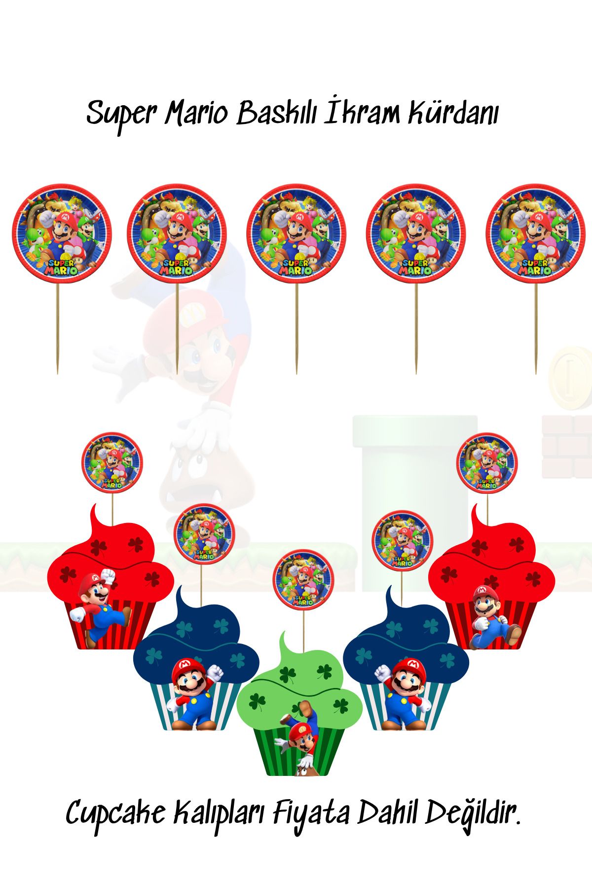 snowparty Super Mario Süper Mario Temalı Baskılı İkram Kürdanı Doğum Günü Süsü