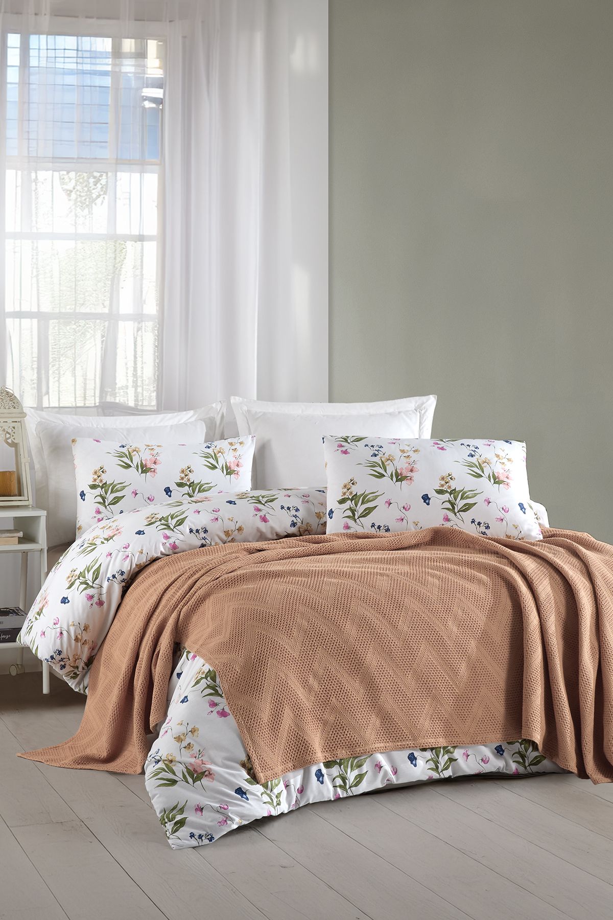 SOFTKİSS Zıgzag Nevresimli % 100 Pamuk Çift Kişilik Pike Takımı 200x220 Cm.Hardal