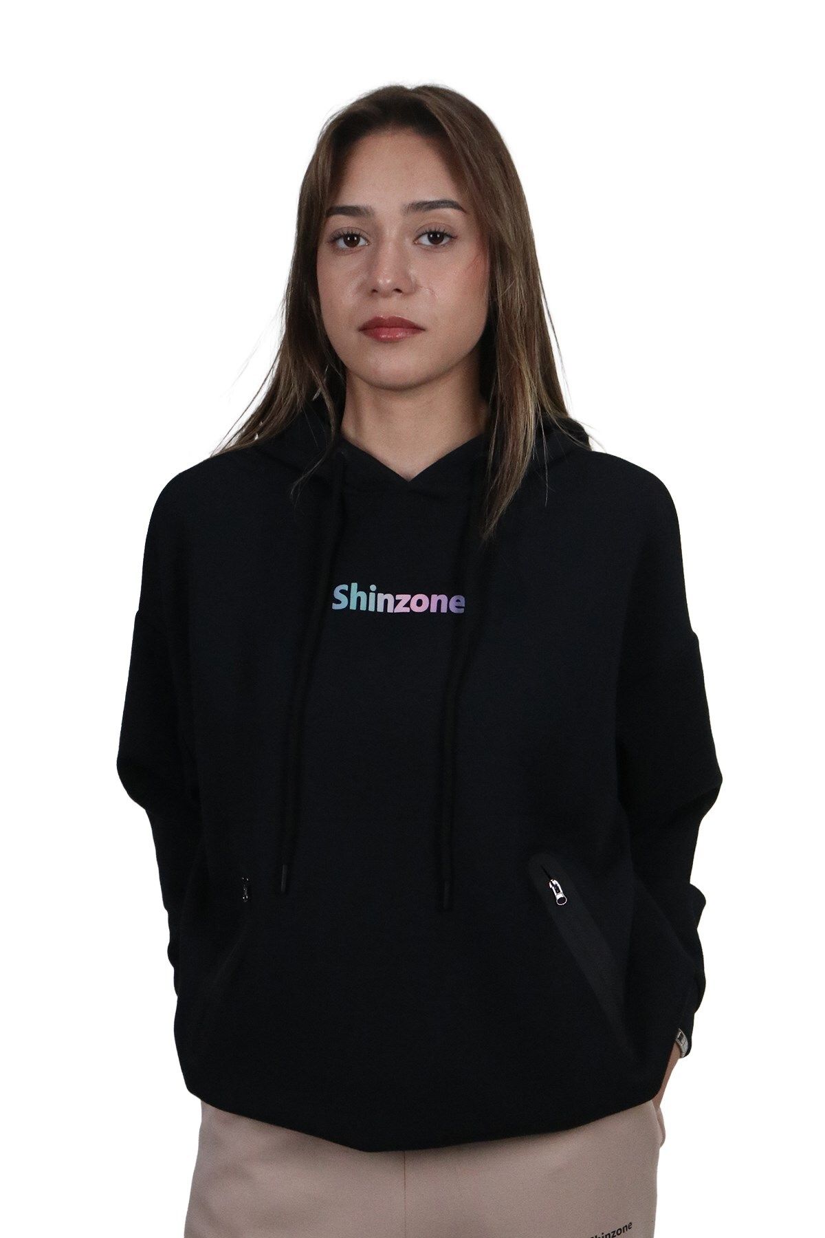 Shinzone Kadın Yumuşak Dokulu Modal Kumaş Fermuar Cep Detaylı Rahat Kalıp Renkli Baskılı Kapüşonlu Sweatshirt