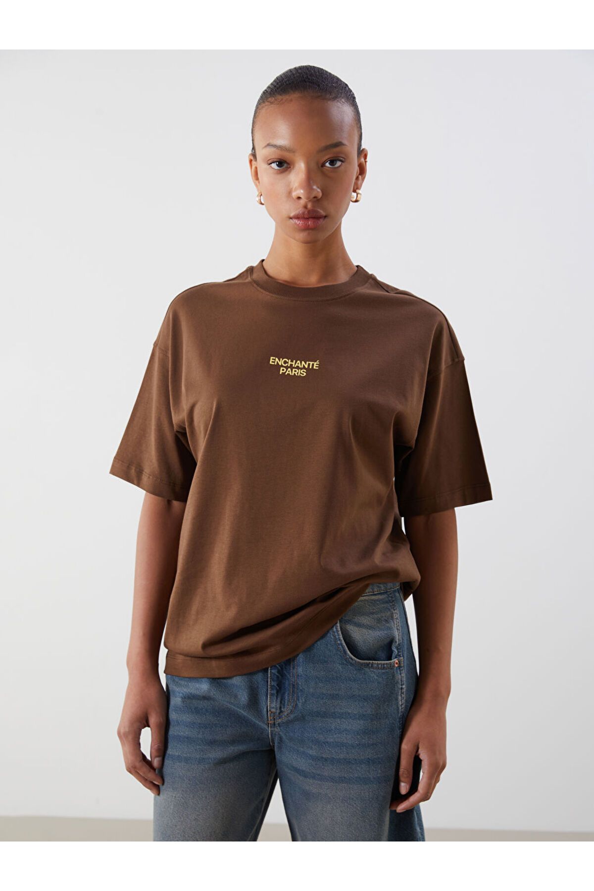 LC Waikiki Yeni Sezon Bisiklet Yaka Paris Baskili Oversize Kadin Tisort - S5PM55Z8