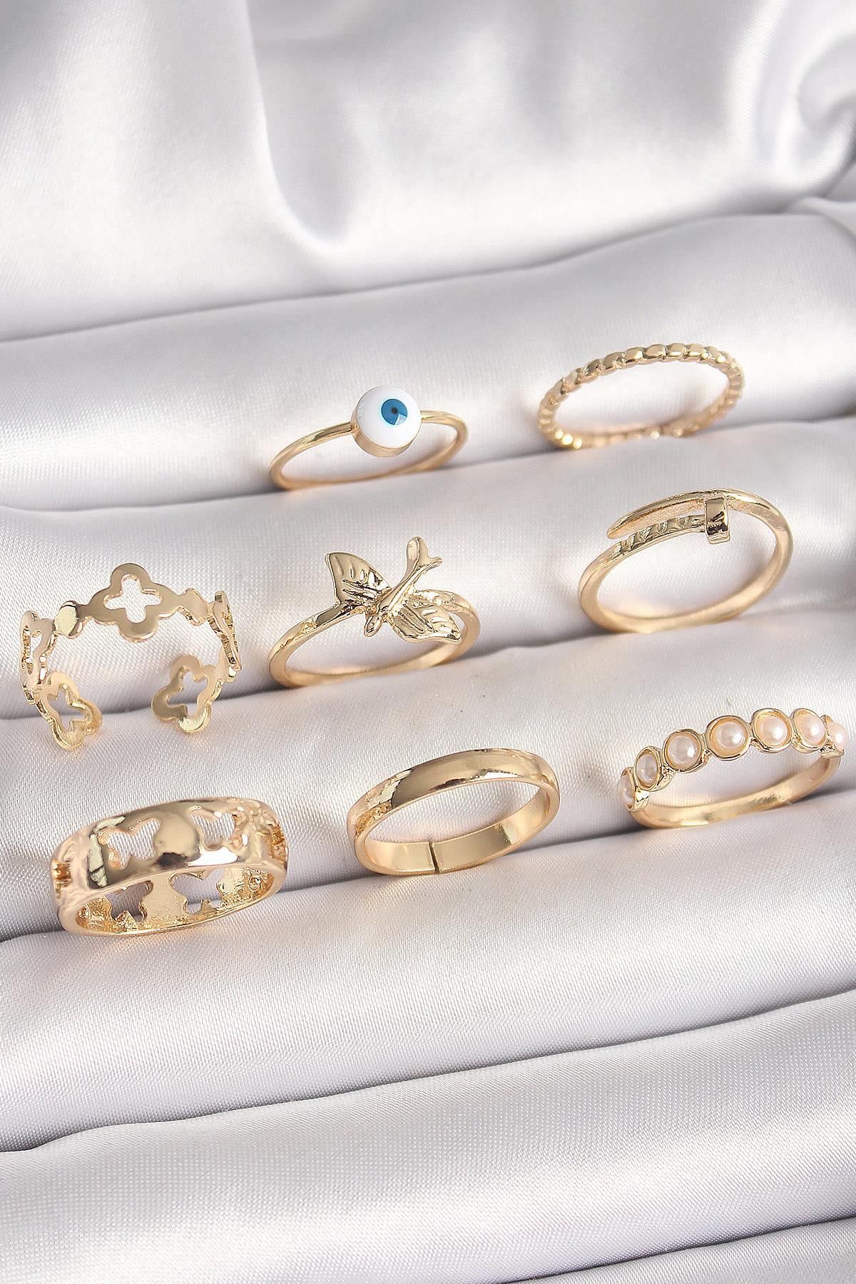 Celira Pirinç Gold Renk Nazar Boncuk Model Kuş Detay Kadın Yüzük Kombini