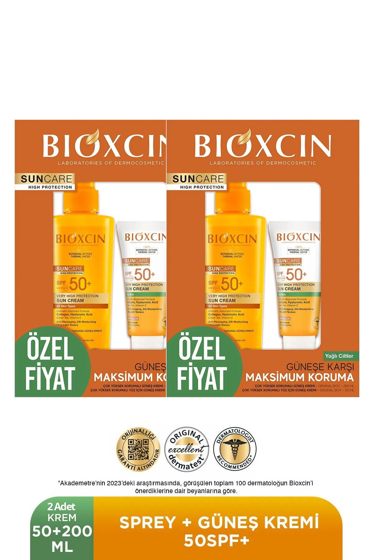 Bioxcin Sun Care Spf 50 Yüz Güneş Kremi 50 ml Karma Yağlı Cilt + Vücut Güneş Spreyi 200 Ml 2 adet
