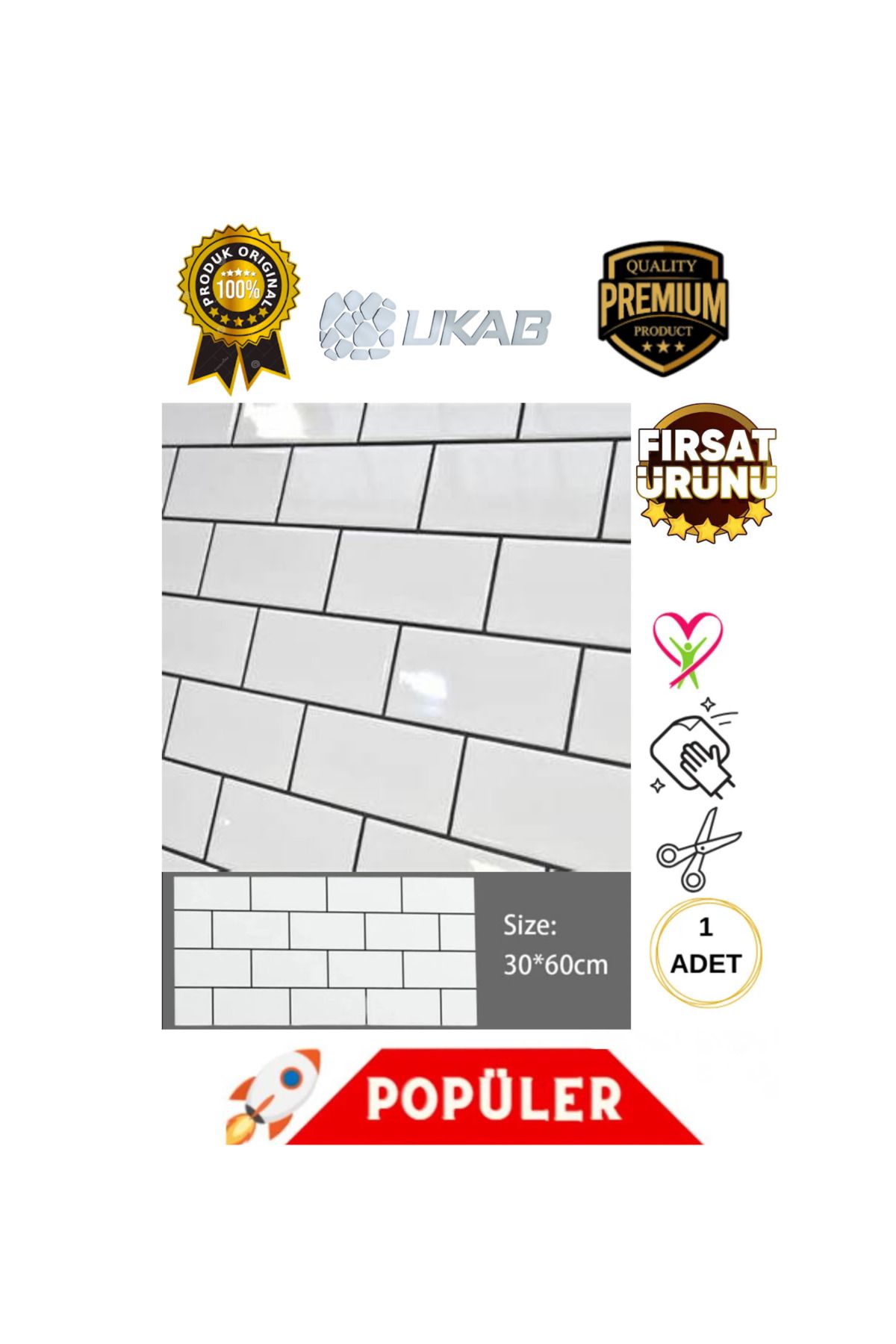 UKAB 6024 Kendinden Yapışkanlı Esnek Köpük Seramik Beyaz Pvc Mermer Panel (30x60cm 0,18 m²) Banyo Mutfak