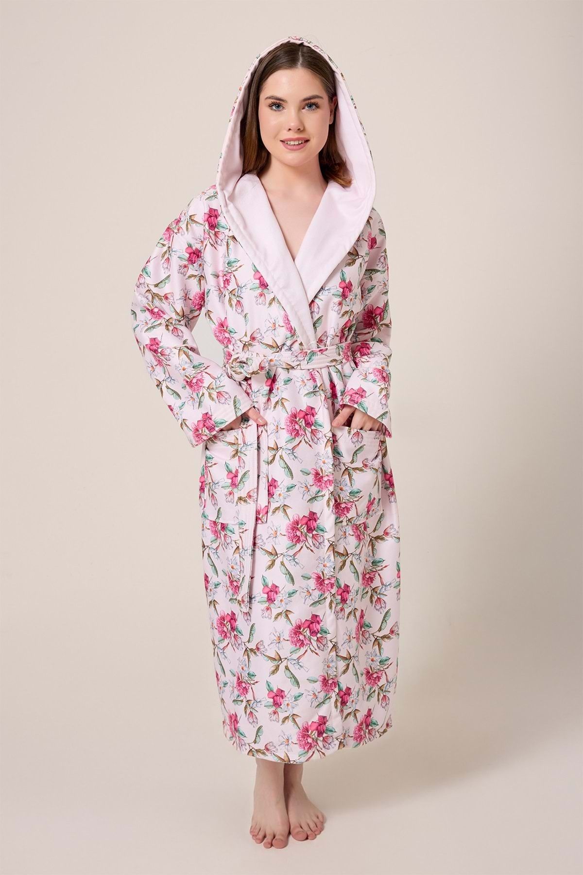 VEVİEN HOME Peonia Fiore Desenli Dijital Baskılı Kapüşonlu Bornoz