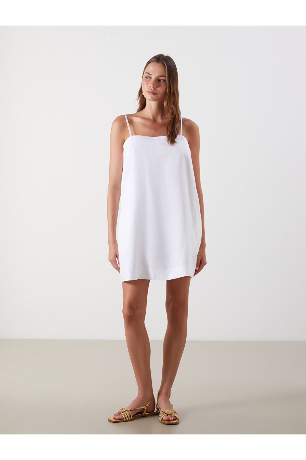 LC Waikiki Kare Yaka Keten Mini Elbise
