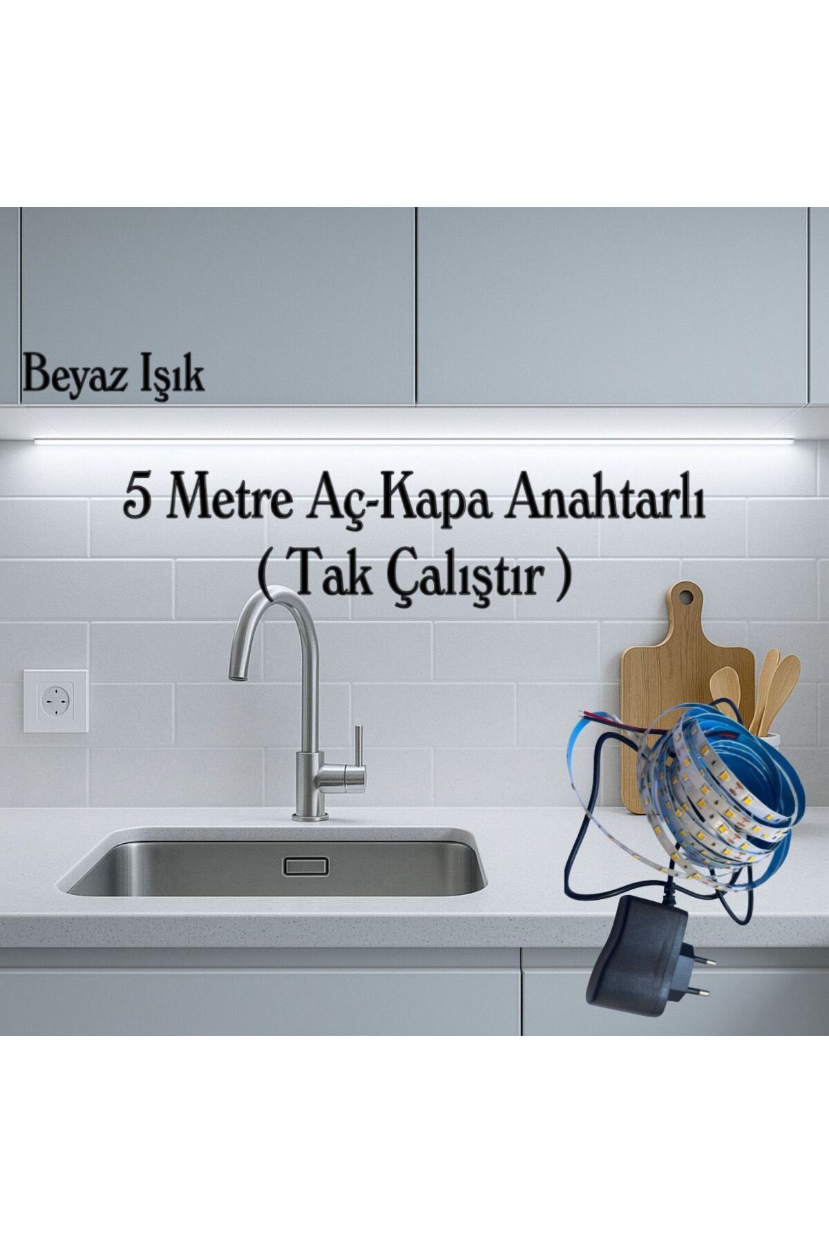 BMG Aydınlatma Mutfak Tezgah Üstü Aydınlatma 5 Metre Tak Çalıştır Anahtarlı Şerit LED Beyaz Işık