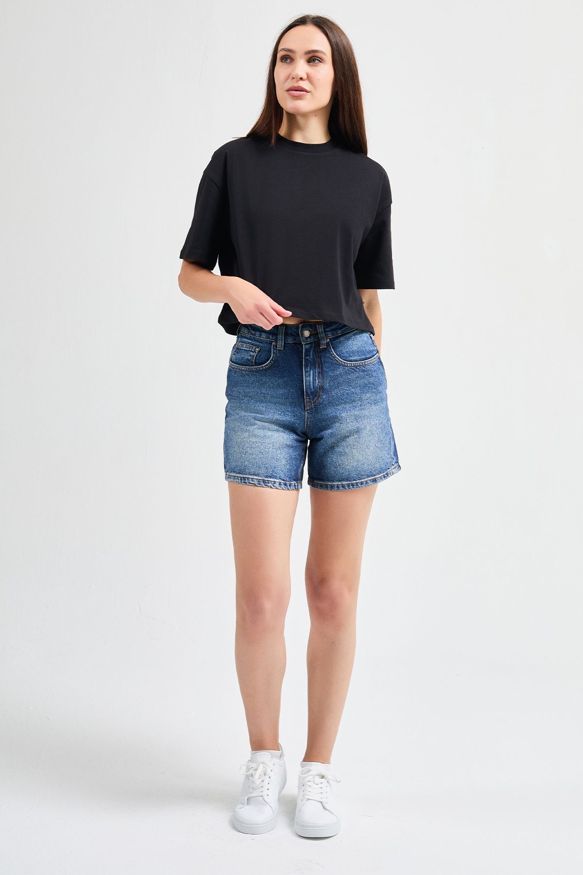 JUD Lucia 82001 Oversize Crop Siyah Kadın Basic T-Shirt