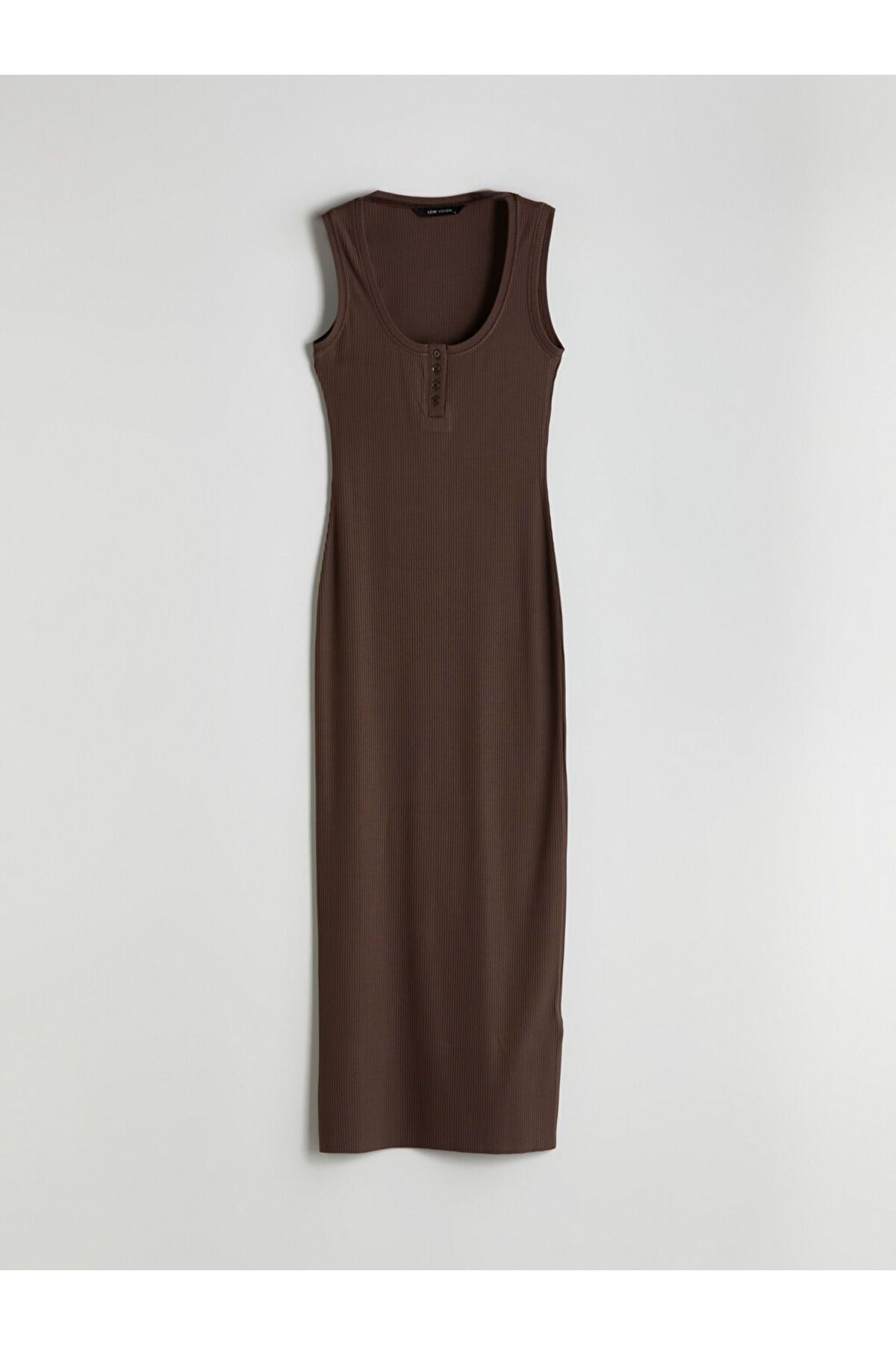 Kahverengi U Yaka Dokulu Bodycon Elbise