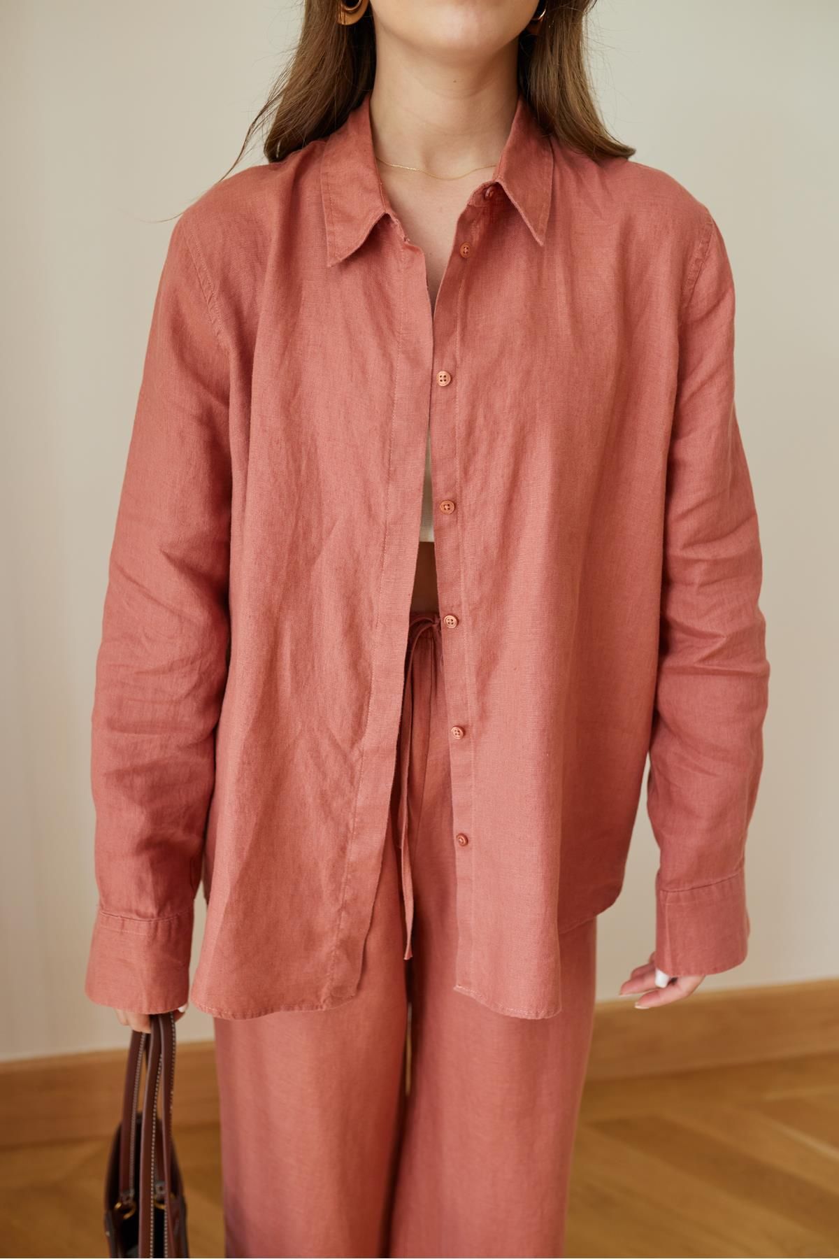 Askı Tekstil Kiremit Oval Kesim Oversize Keten Gömlek