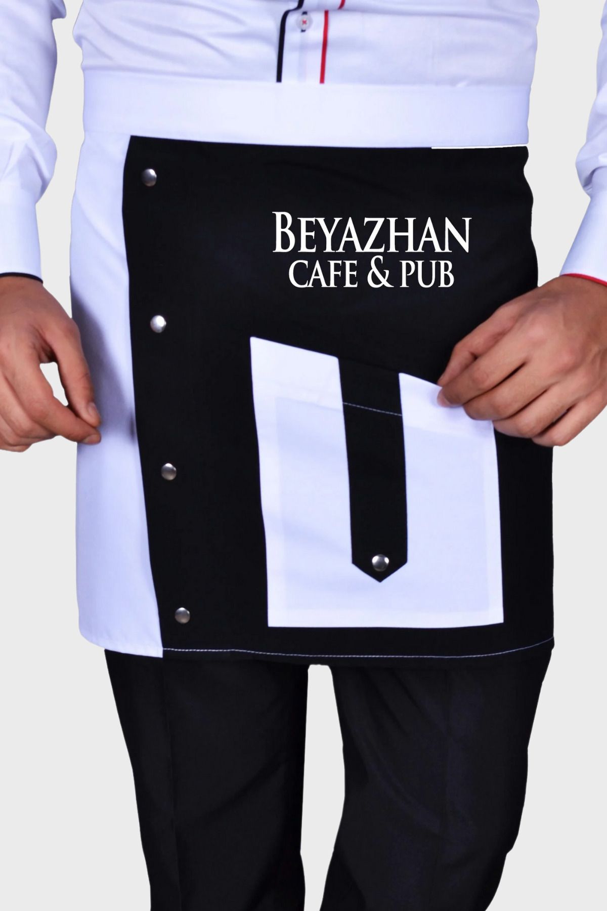 Üniformanya İsim Hediyeli Cepli Siyah Beyaz Garson Önlüğü Unisex Kurumsal Restaurant Cafe Komi Şef Aşçı Önlük