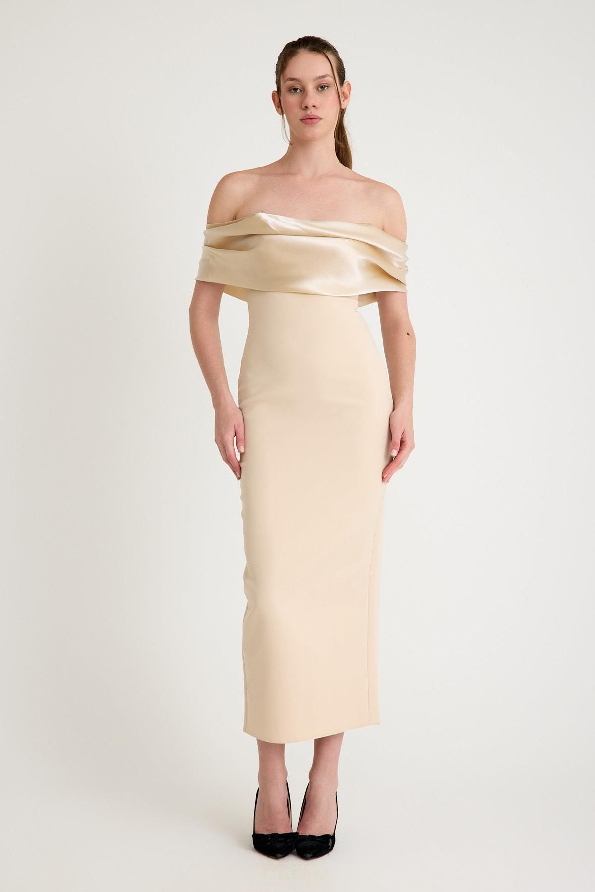 SpringStore Bej Straplez Midi Boy Abiye Elbise