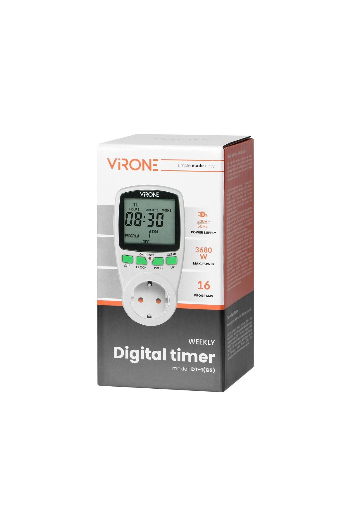 Virone-Programmable socket VIRONE DT-1(GS), schuko, 230V, 16A, 3680W, 12/24 hours, IP20, 16 programs, white 8