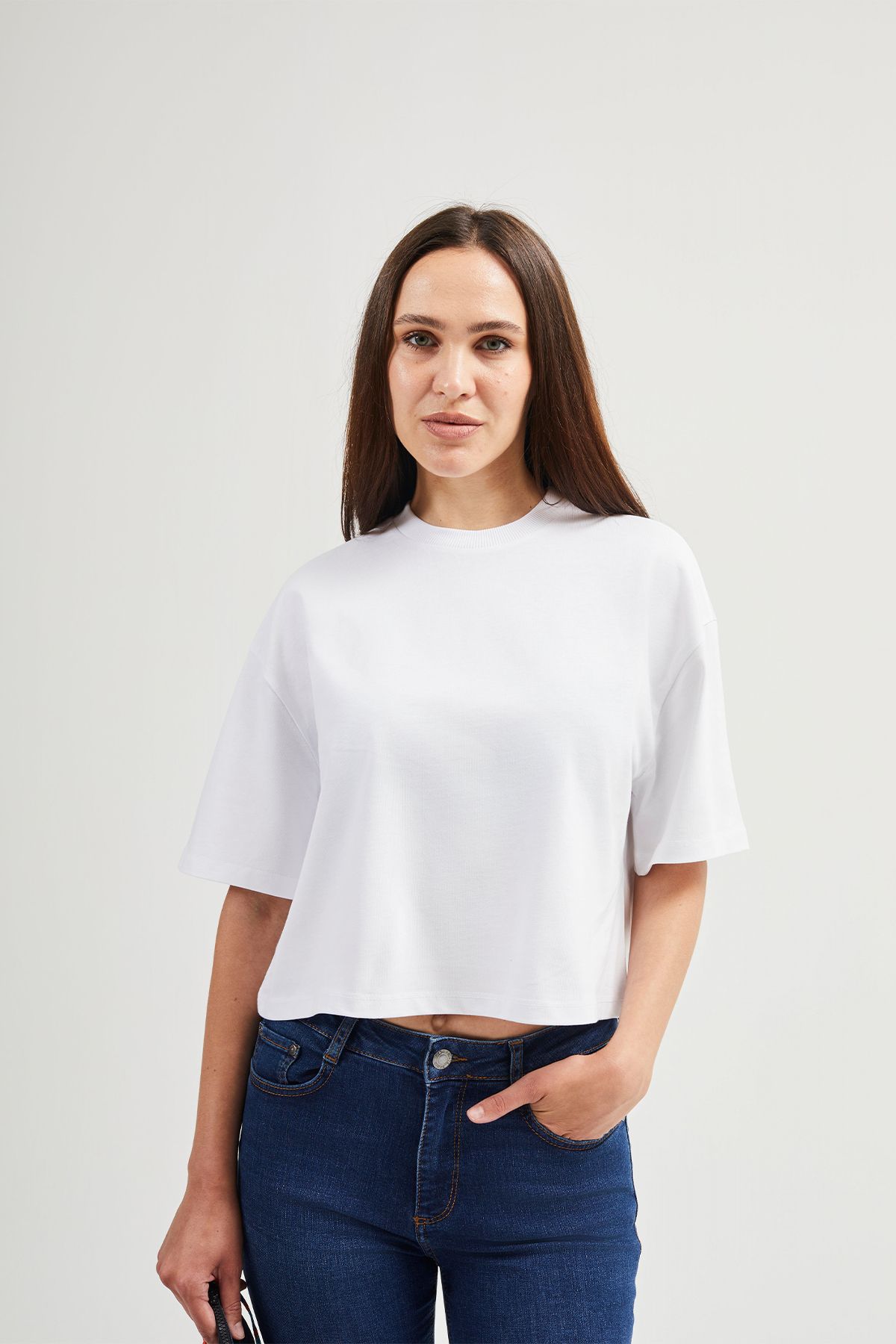 JUD Lucia 82001 Oversize Crop Beyaz Kadın Basic T-Shirt