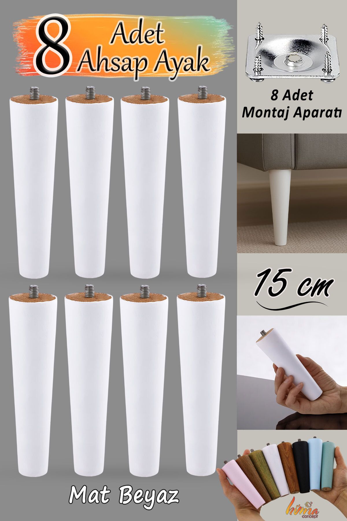 GLASWEN 8 Adet Ahşap Ayak 15 Cm Beyaz M8 Civatalı Bağlantı Aparatlı Mobilya Koltuk Kanepe Destek Ayağı