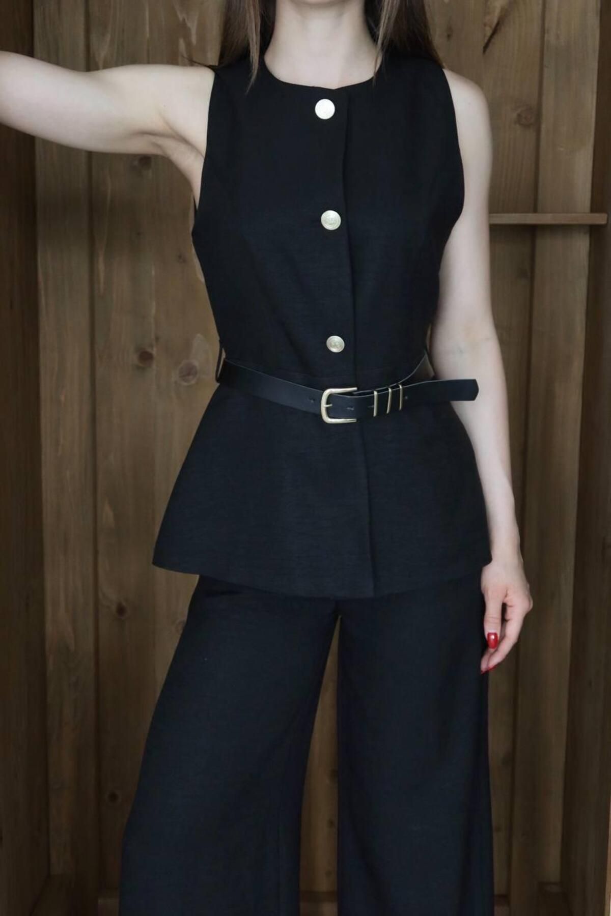 Ekim Store Keten Kemerli Yelekli Blazer Takım