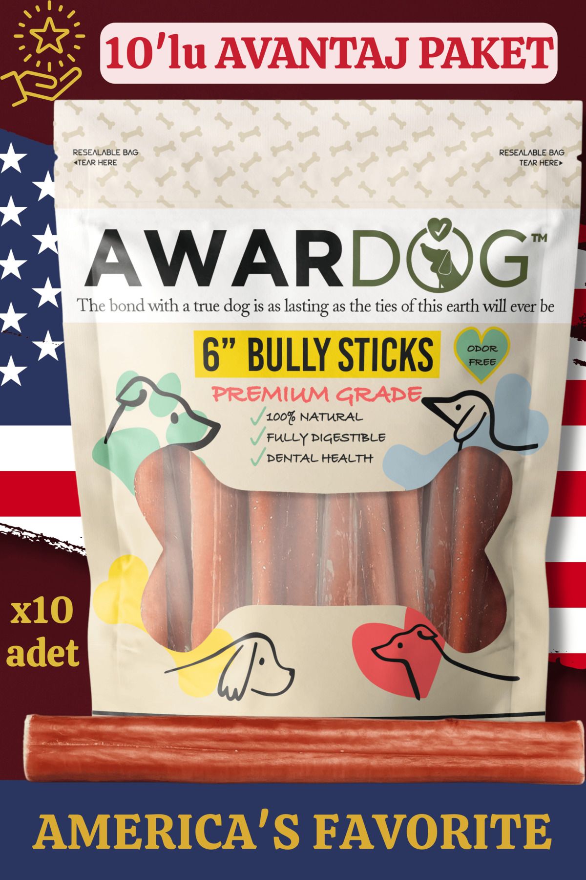 AWARDOG 15 Cm Medium Boy %100 Doğal Dana Kamışı Köpek Çiğneme Ödül Maması, AVANTAJ PAKET - 10 Adet