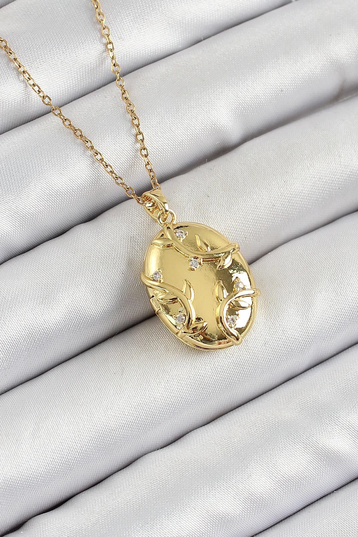 Celira Çelik Zincir Açılabilir Sarmaşık Model Zirkon Taşlı Gold Renk Kadın Kolye