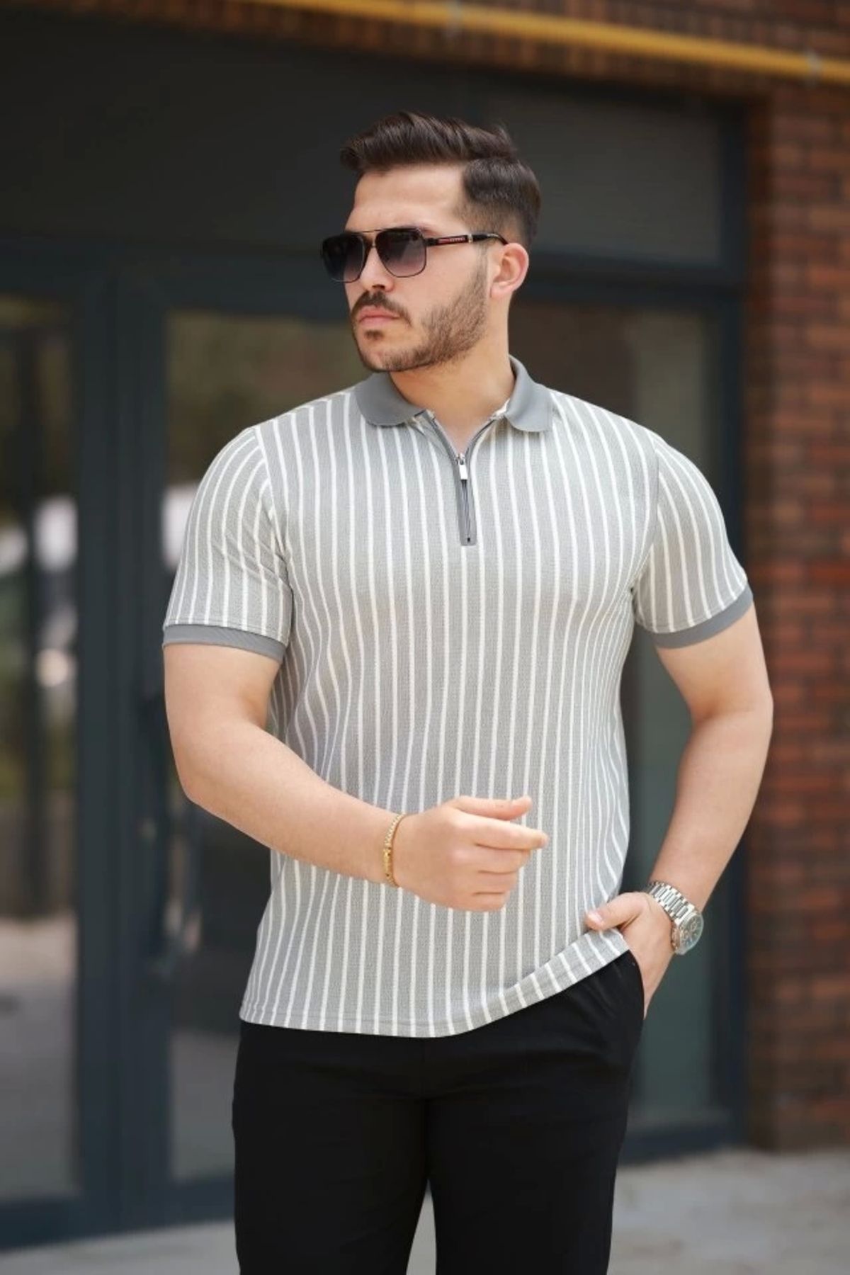Butik Erkek çizgili Fermuar Yakalı Kısa Kollu Tişört
