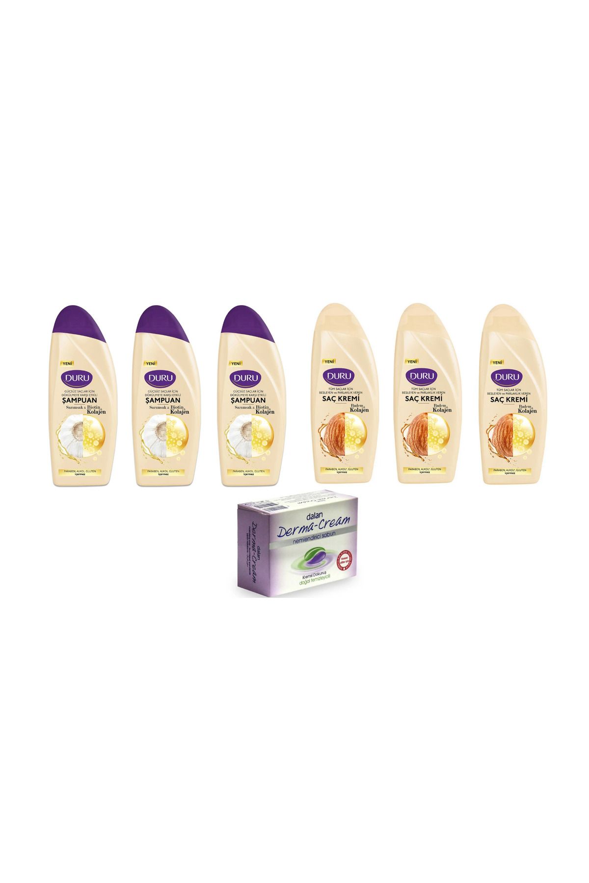 Duru Şampuan Kolajen Sarımsak 500 Ml 3 ad + Duru Saç Kremi 3 ad + Dalan Sabun 100 gr 1 ad
