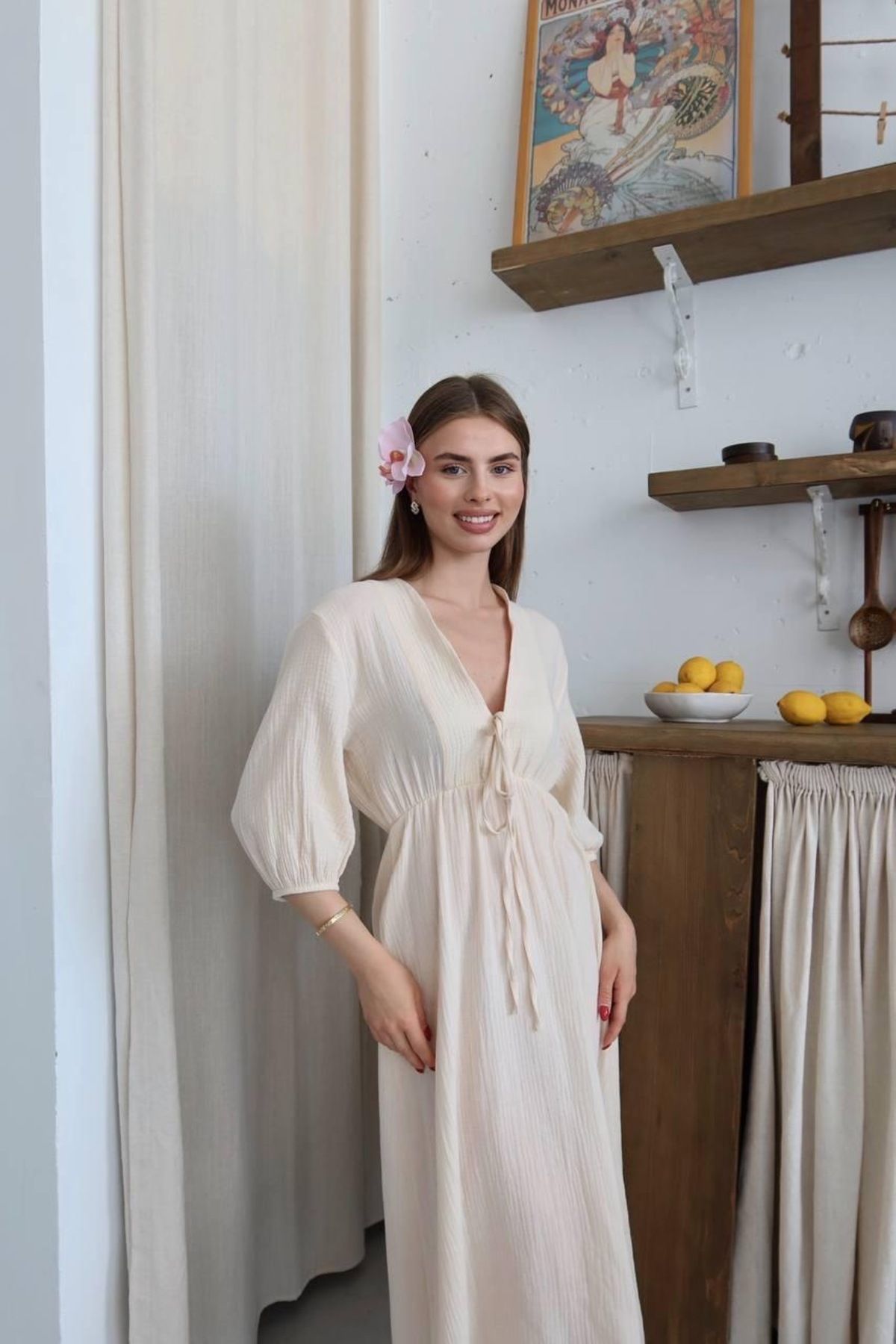Ekim Store Bağcıklı Müslin Degaje Yaka Uzun Elbise