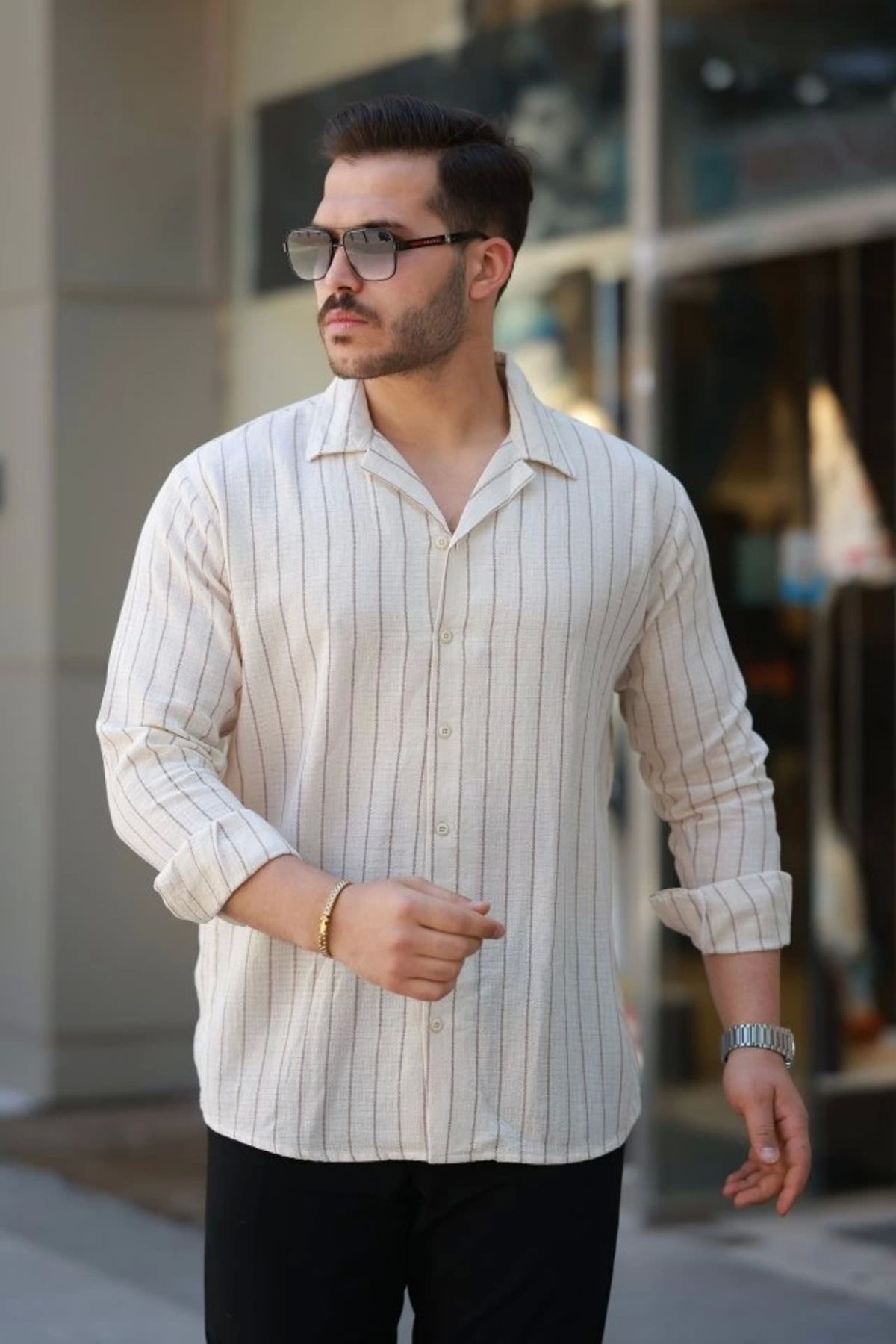 Butik Erkek çizgili Keten Gömlek