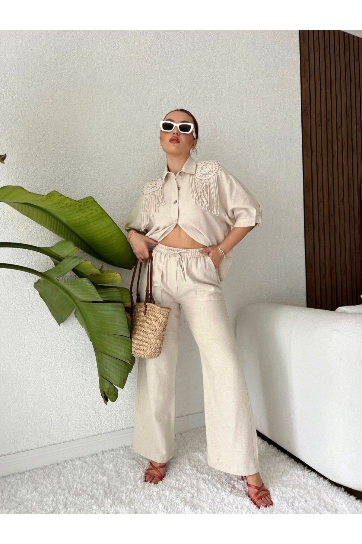 AsprinFashion YIKAMALI KETEN GÖMLEK KREM