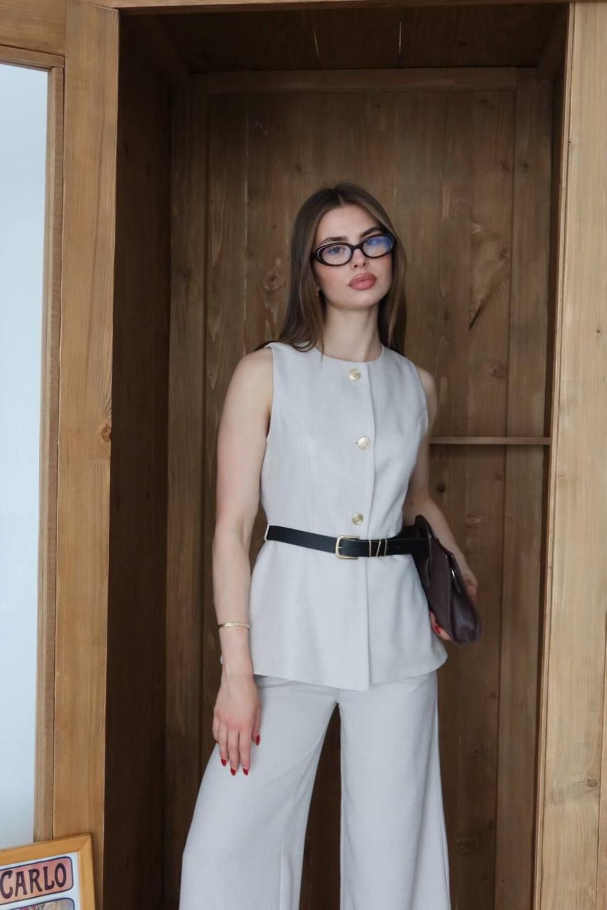 Ekim Store Keten Kemerli Yelekli Blazer Takım