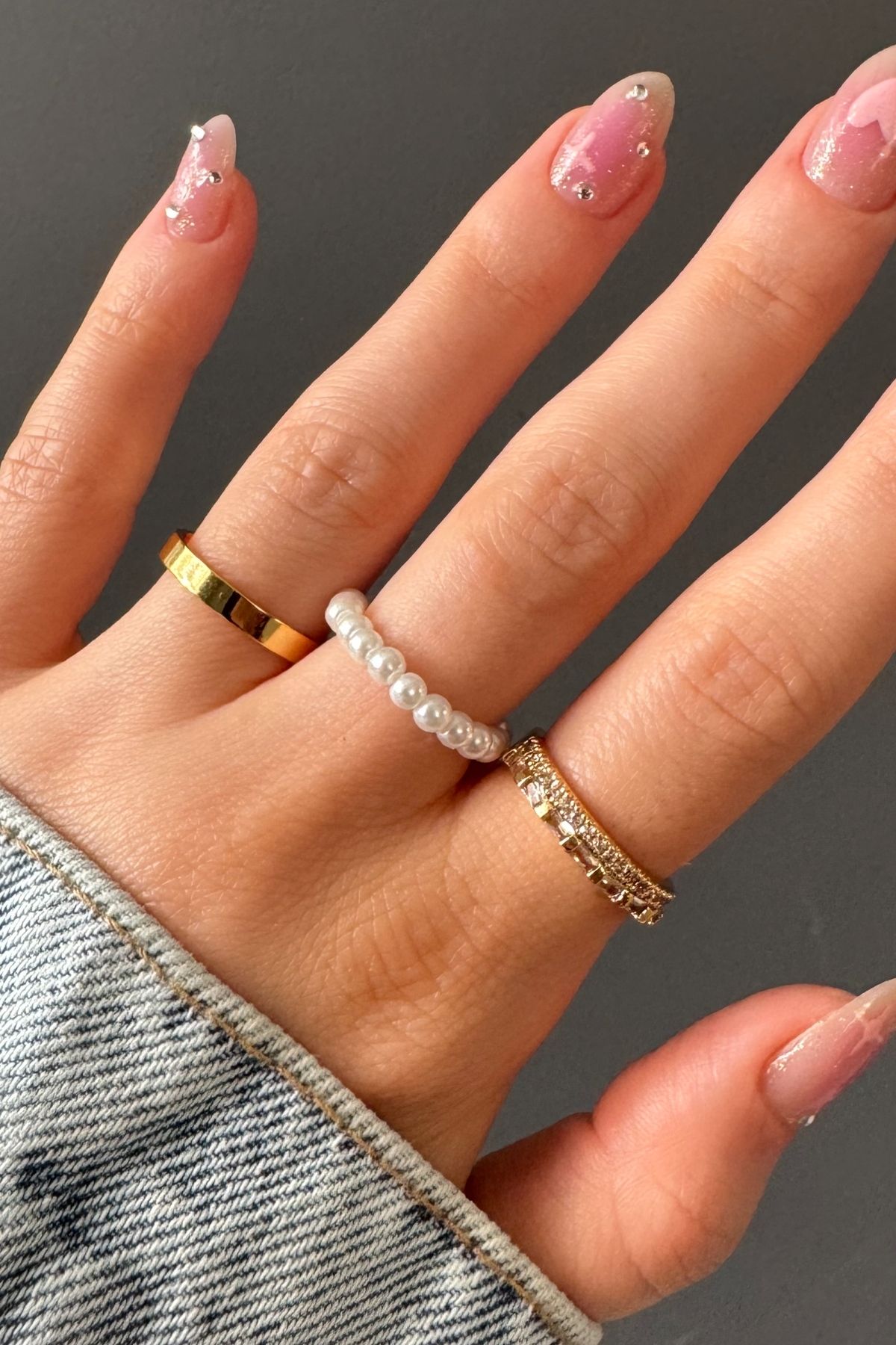 H&E DESIGN Kadın Gold 3'lü Çift Sıra Zirkon Taşlı Kombin Yüzük Seti