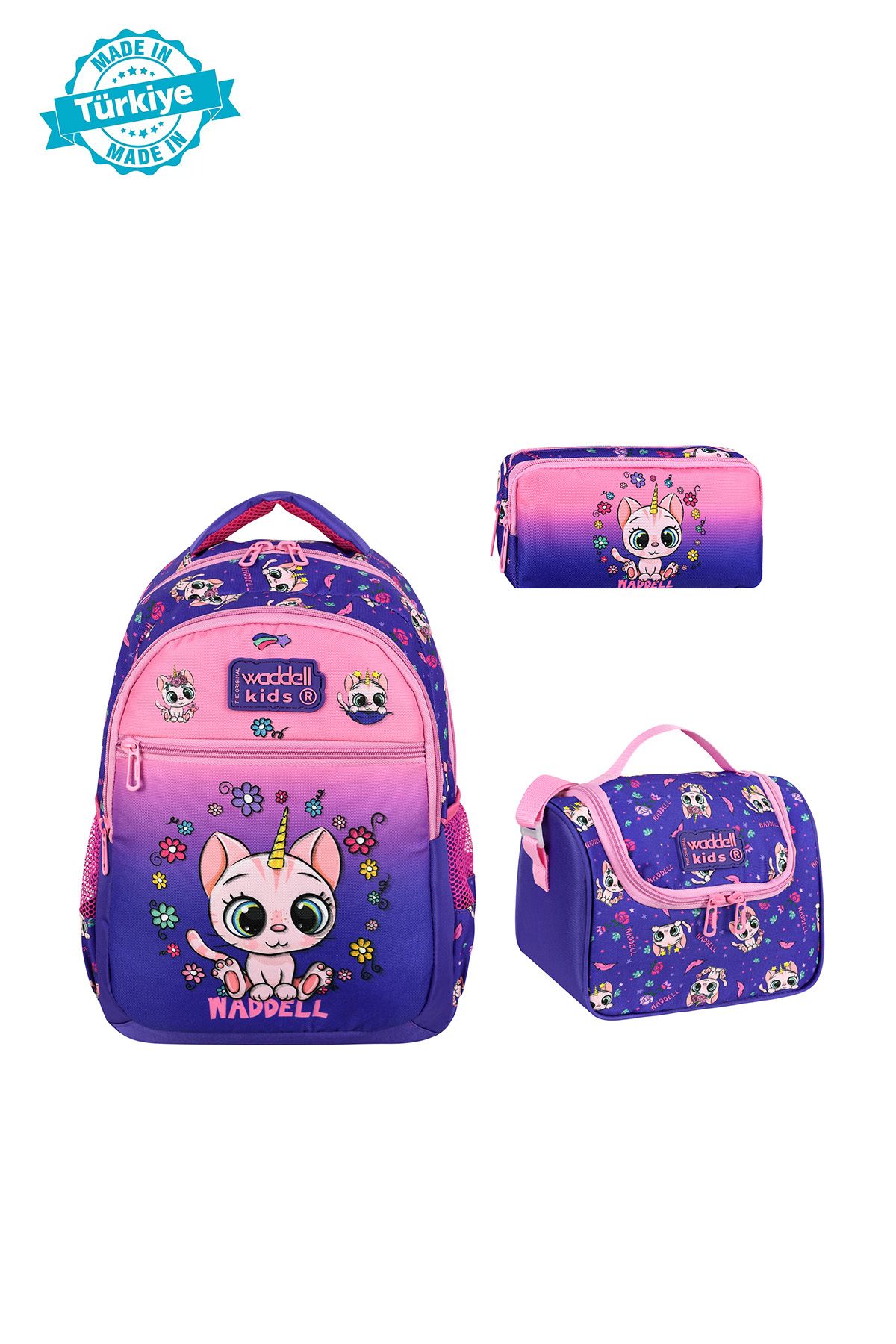 Royal Glow RoyalGlow Kombin Mor Kedi İlkokul Çantası Termal Beslenme Çantası Kalemlikli Set