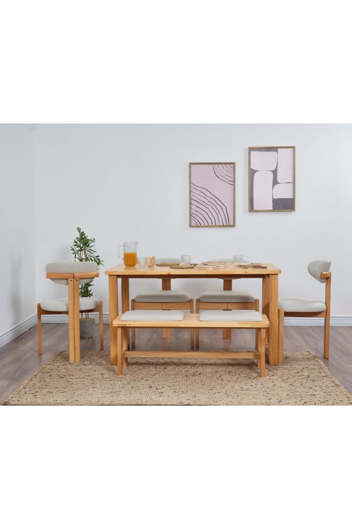 VOWTURKEY Cheri Minimal Sandalye Çam Masif Masa Takımı(4 SANDALYE 1 MASA 80*140)